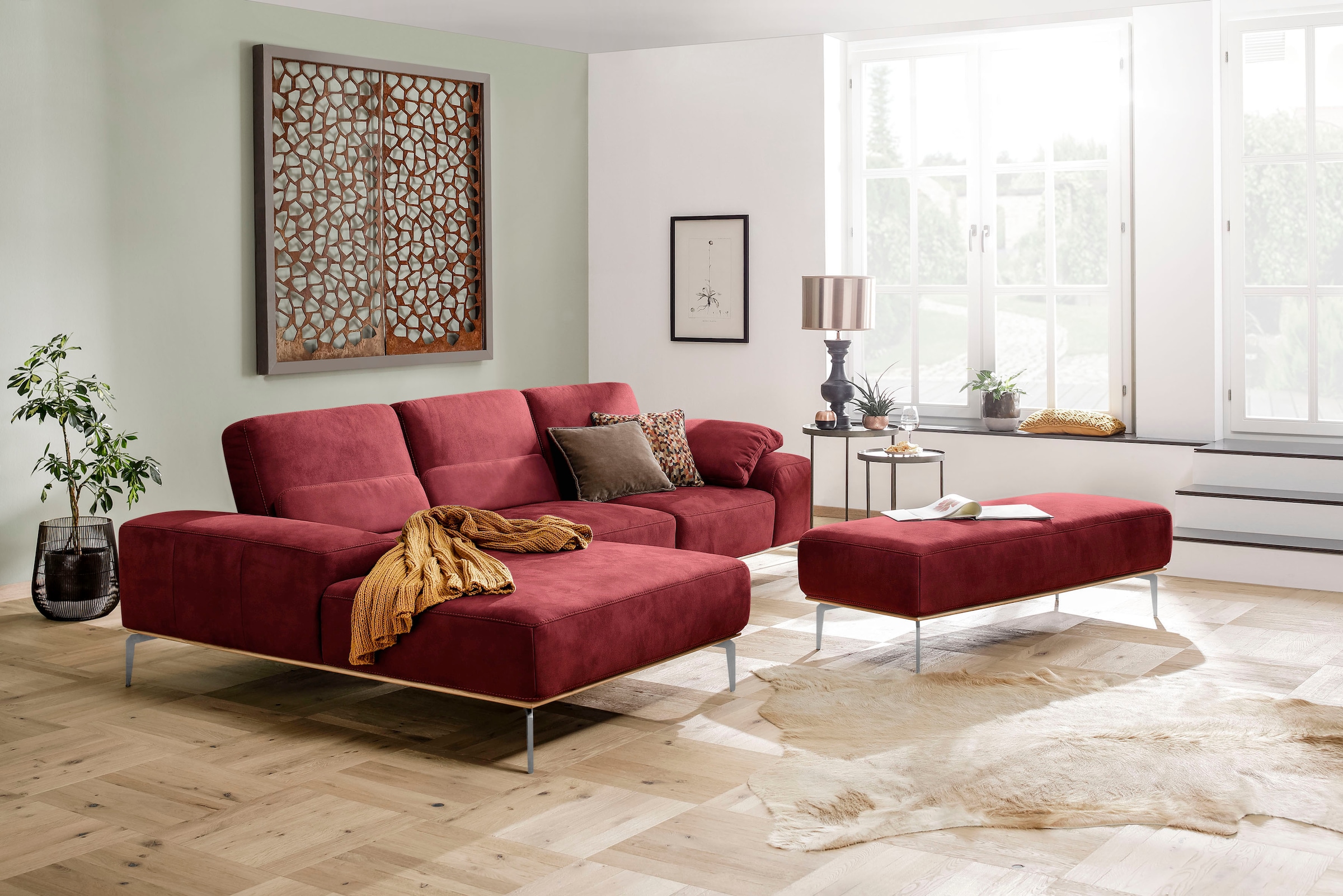 W.SCHILLIG Polsterhocker »run«, mit elegantem Holzsockel, Füße in Chrom glänzend, Breite 150 cm