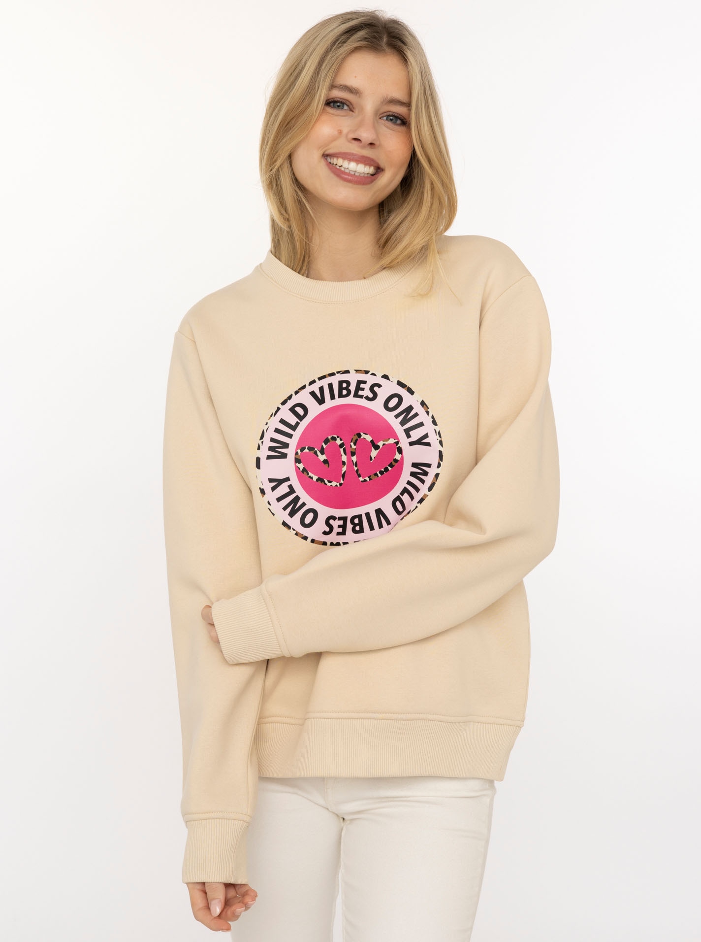 Zwillingsherz Hoodie ""Wild Vibes"", Rundhals, runder Druck mit Leomuster u günstig online kaufen