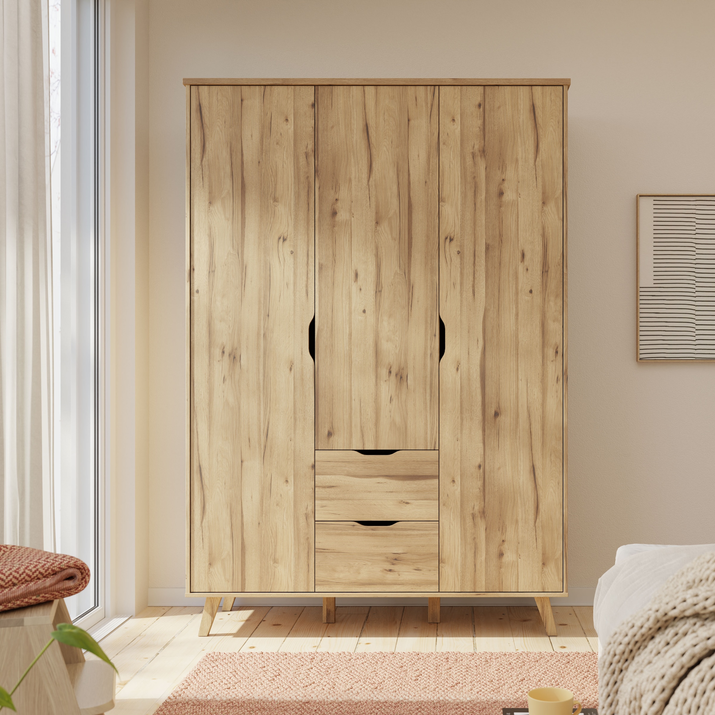 FORTE Drehtürenschrank »Vankka skandinavischer-Stil, viel Stauraum, ohne Griffe« B/H/T ca.140x200x52cm,  Made in Europe, mit Einlegeböden+Kleiderstange+Schubladen,grifflos