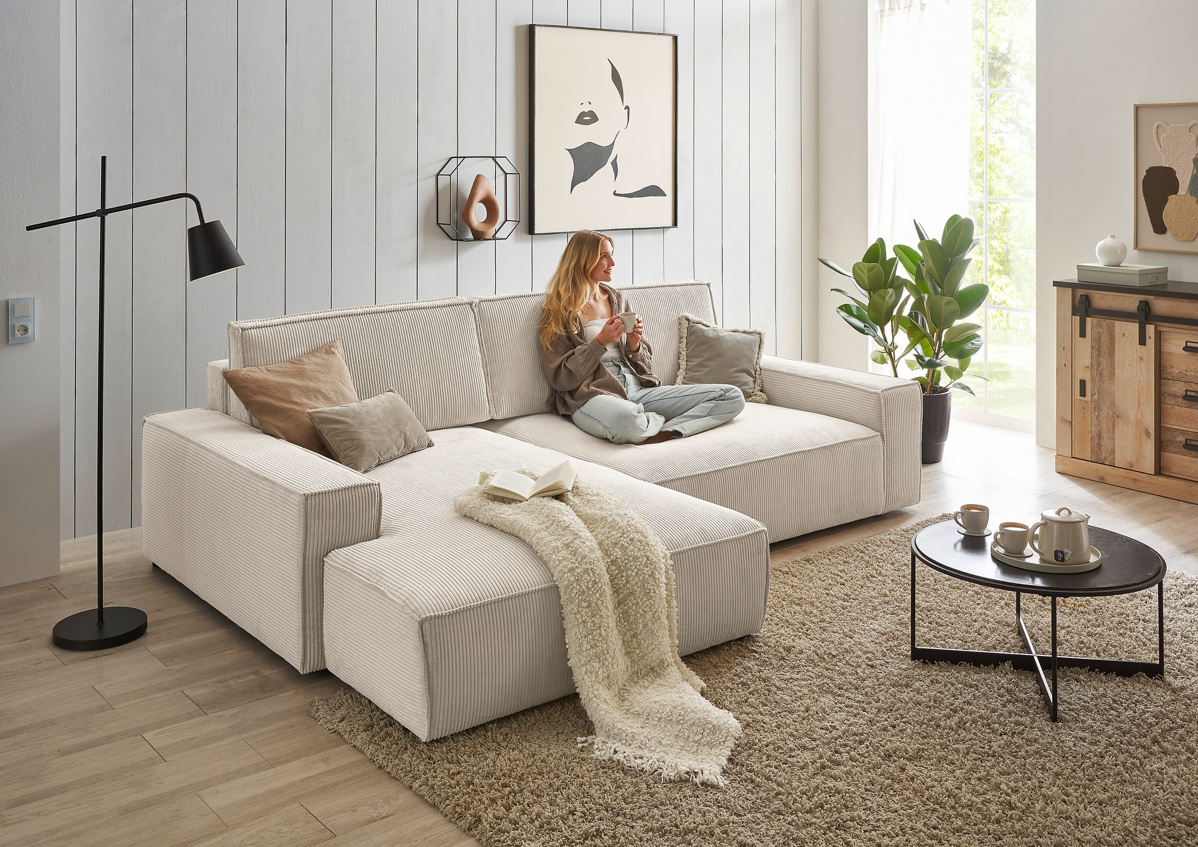Home affaire Ecksofa »NEU: SHERWOODL XXL 284, Big-Sofa L-Form, tiefe Sitzfläche 95 cm, Cord,«, Leinenoptik, Recamiere rechts/links, auch als Schlafsofa stellbar