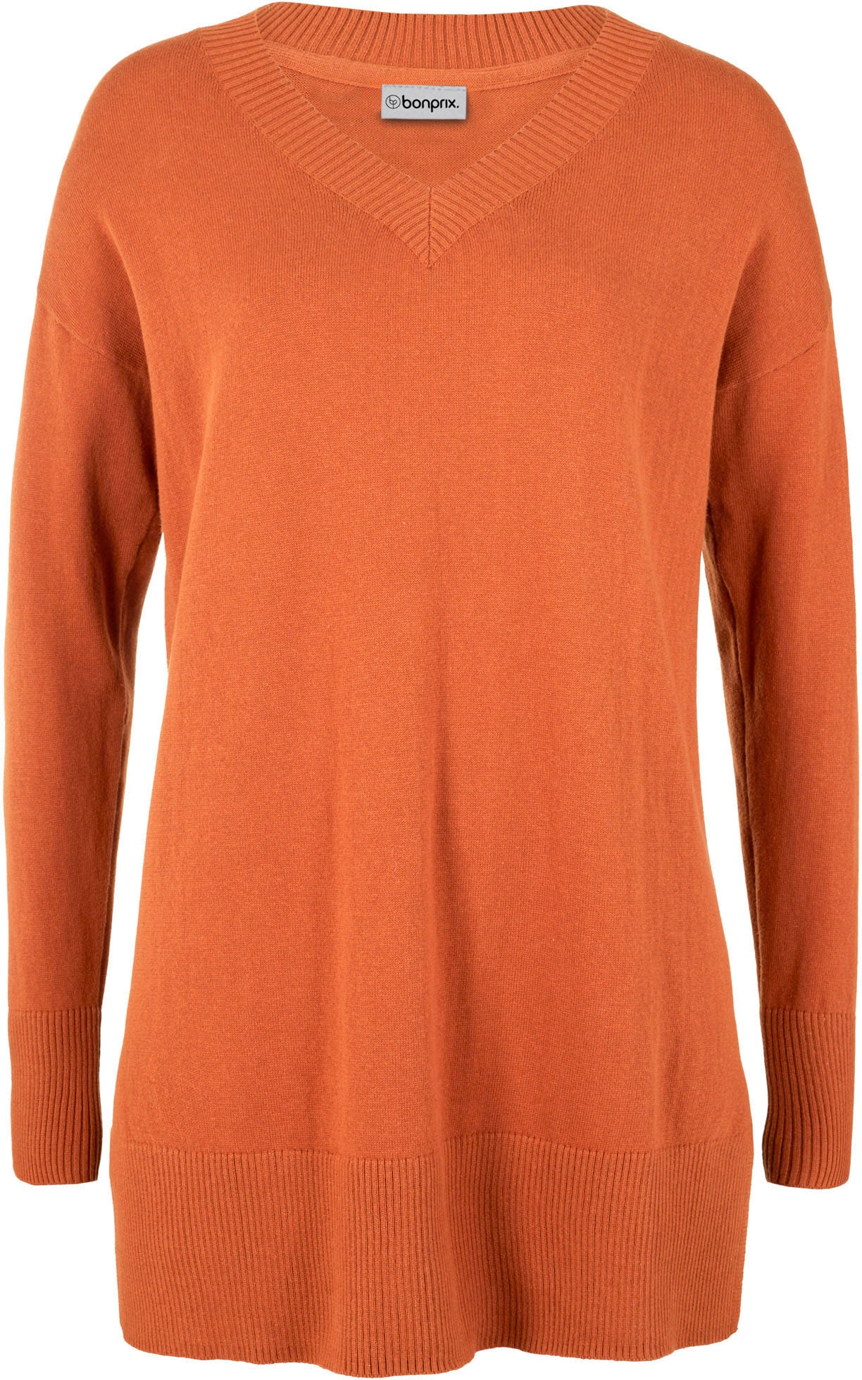 bonprix Longpullover »Long-Pullover« Feinstrick-Baumwollmischung, mit V-Ausschnitt, mit Seitenschlitzen