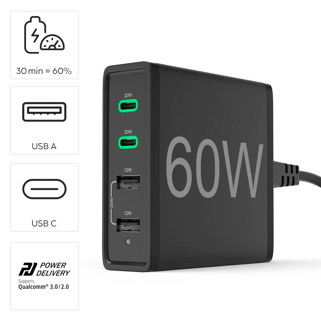 Hama USB-Ladegerät »4fach USB-Ladestation 60 Watt Ladegerät, 2x USB-C PD, 2x USB Multiport«