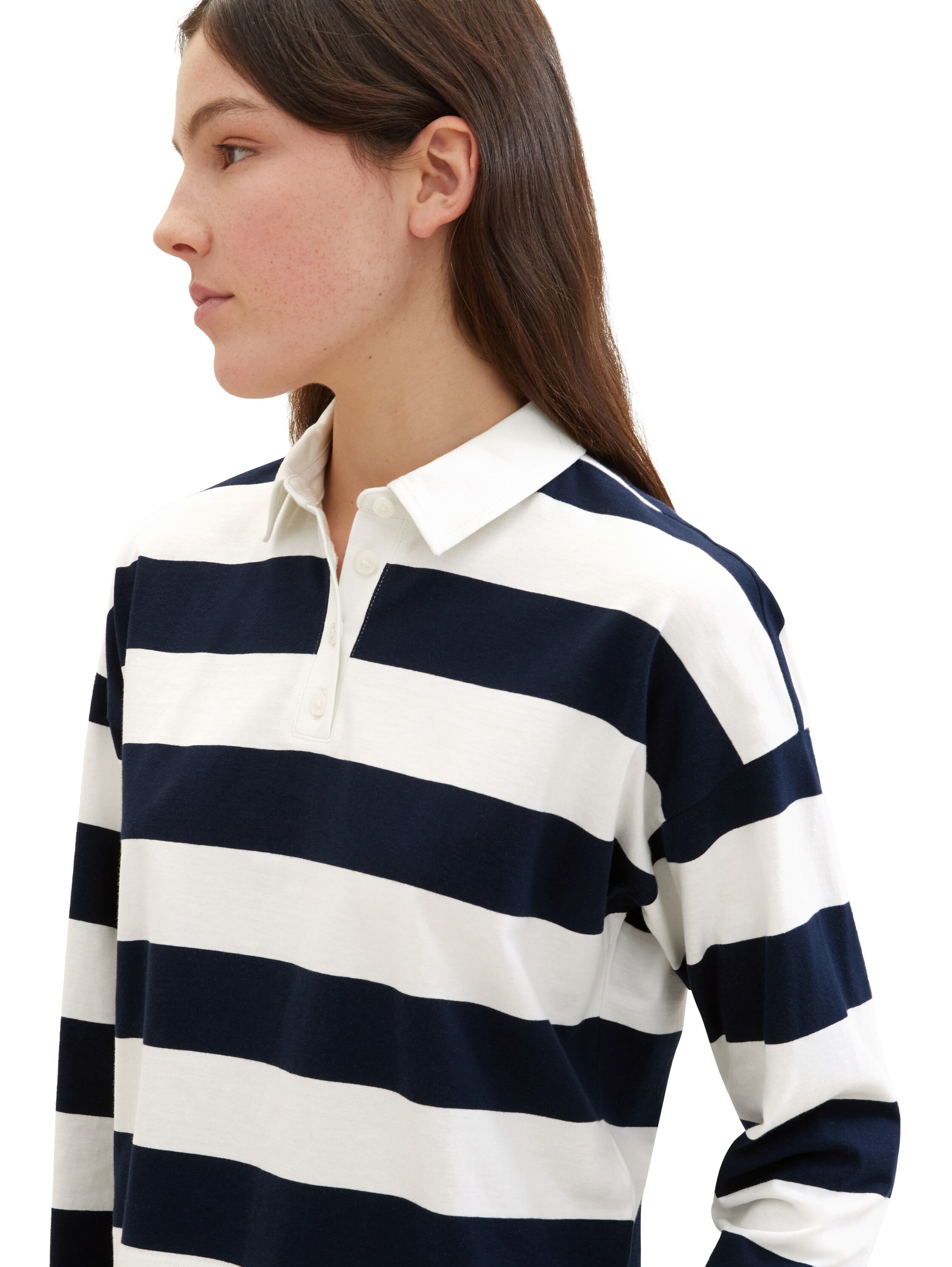 TOM TAILOR Denim Langarm-Poloshirt, mit Streifen und Polokragen, extra kurz