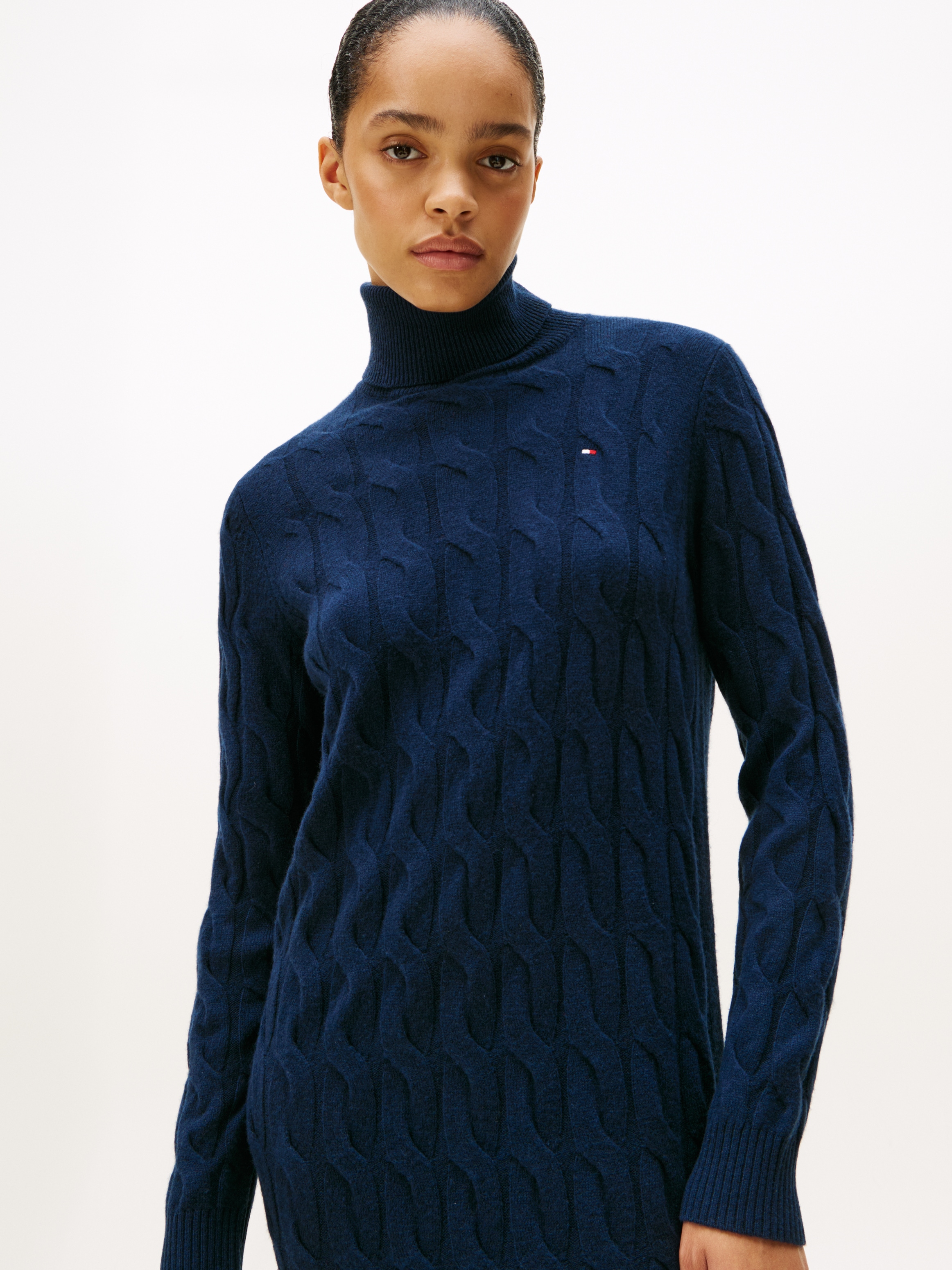 Tommy Hilfiger Strickkleid »SOFT WOOL CABLE ROLL-NK LS DRESS«, mit Zopfmuster, aus reiner Wolle