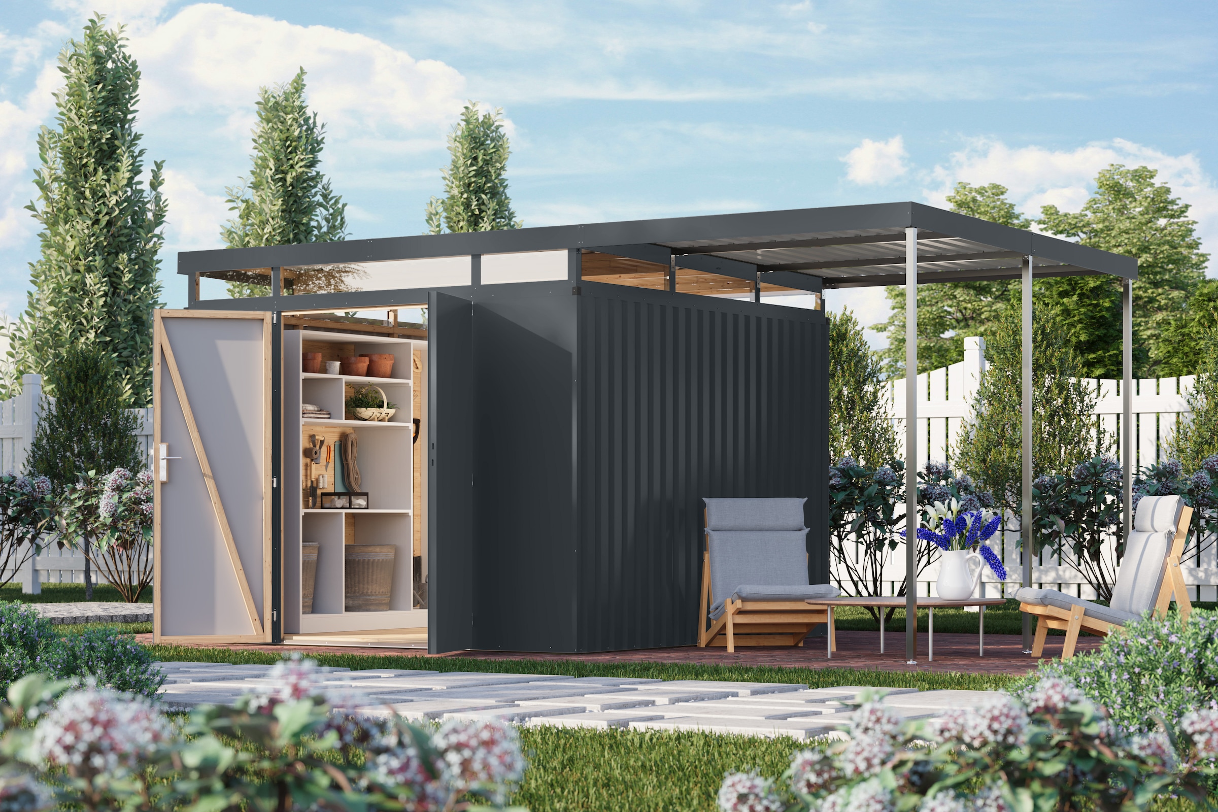 Karibu Gerätehaus "Titanium 3,5 SET mit Anbaudach" Made in Germany