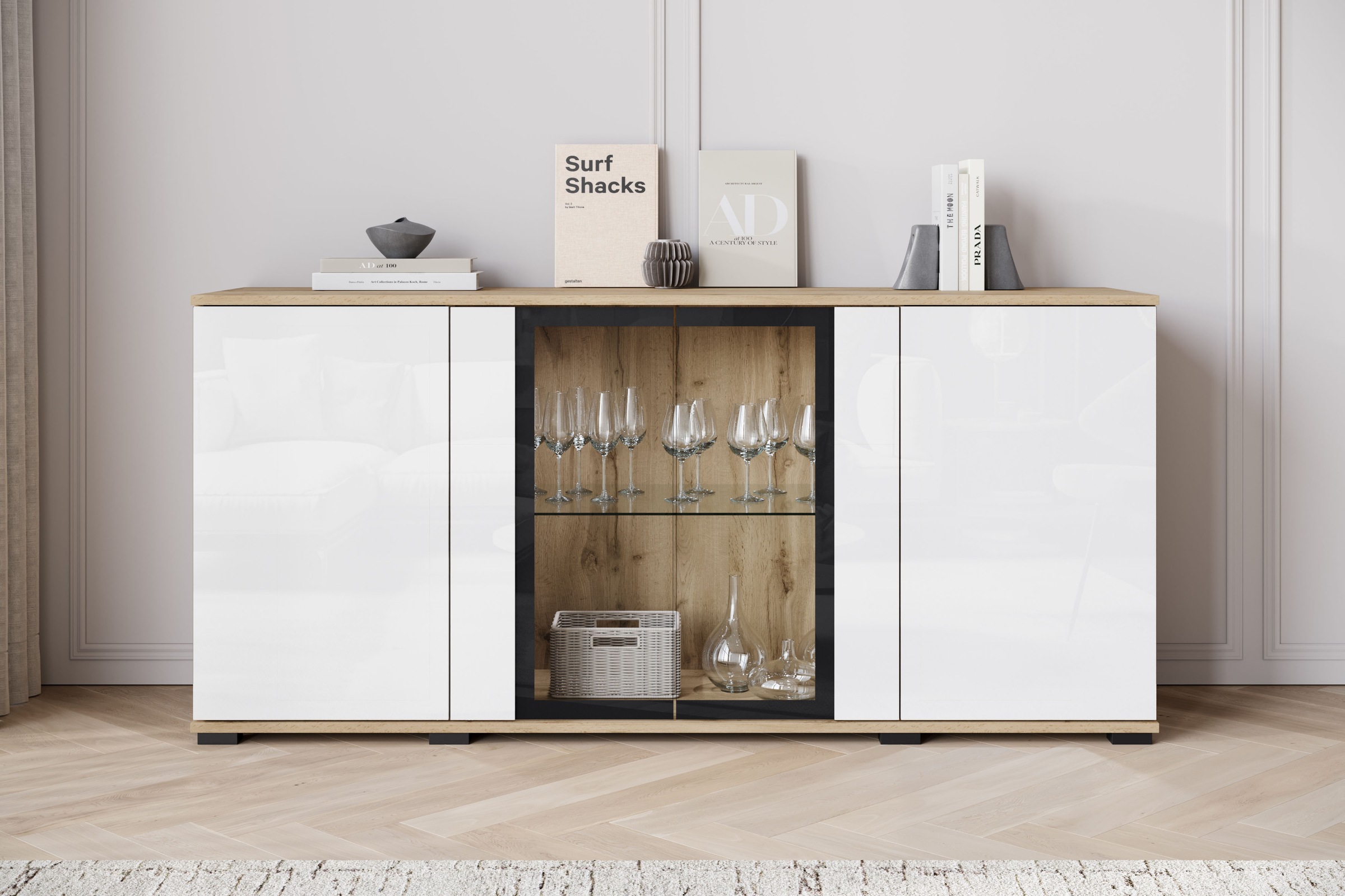 INOSIGN Sideboard »Caro, modernes Design mit Glaseinsätzen, Breite 150 cm«, (1 St.), Grifflose Fronten mit Push-to-Open, höhenverstellbare Einlegeböden