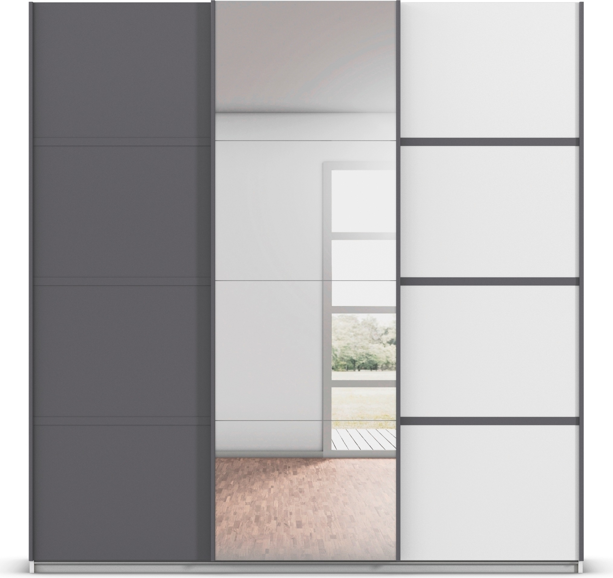 rauch Kleiderschrank »Schwebetürenschrank Garderobe Schrank TOP ANGEBOT Avola«, (in 3 verschiedenen Ausstattungen BASIC/CLASSIC/PREMIUM inkl. Spiegel), mit eleganten Zierleisten in Chrom, Schwarz oder Weiß MADE IN GERMANY
