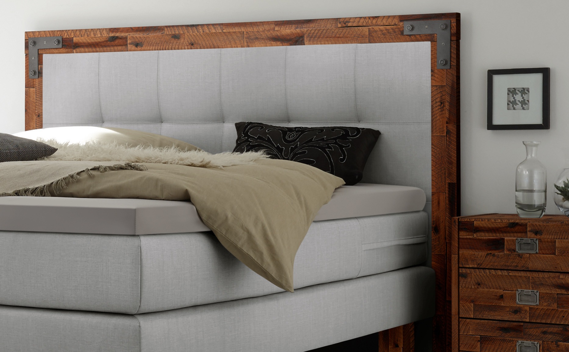 HASENA Boxspringbett Memphis, im Vintagelook, Massivholz-Umrandung, Tonnentaschen-Federkernmatratze