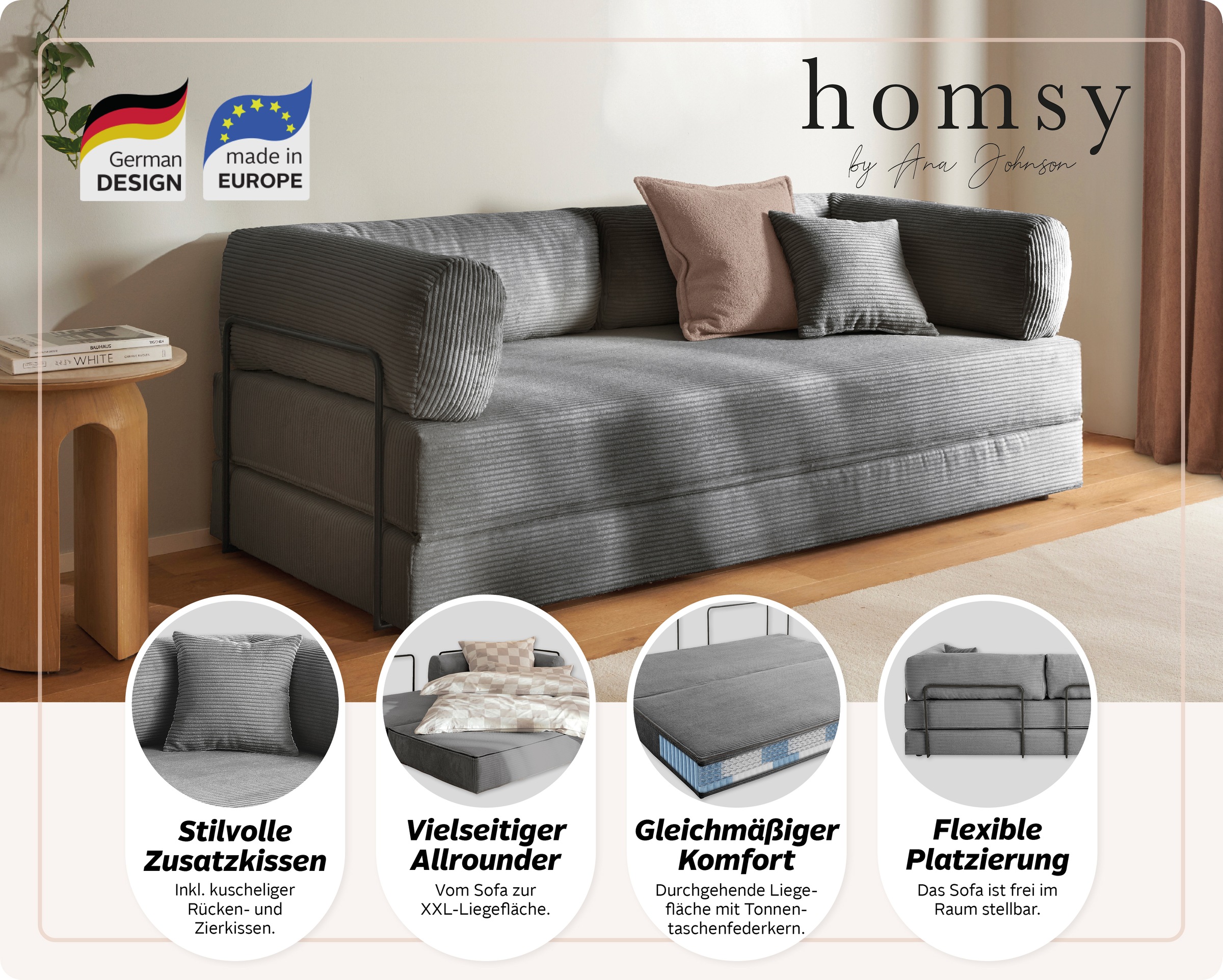 Schlafsofa HOMSY BY ANA JOHNSON "Folda, Dauerschläfer, Breite 206 cm, Liegefläche 181x198 cm", grau, B:206cm H:72cm T:94cm, Sofas, Schlafsofa, mit Bett-/Schlaffunktion, inkl. 1x Zierkissen, Tonnentaschenfederkern 3