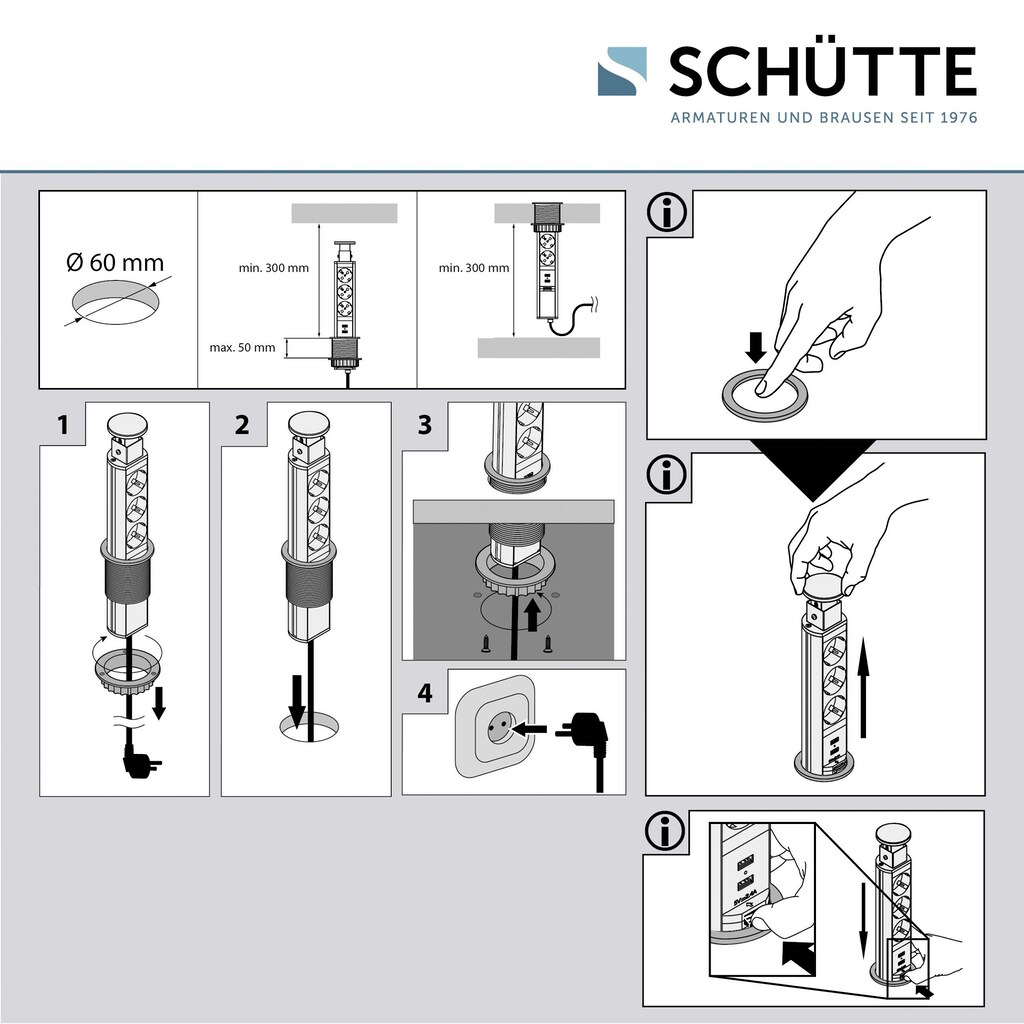 Schütte Einbau-Tischsteckdosenleiste »E1«, 3-fach, (Schutzkontaktstecker Kabellänge 2,3 m)