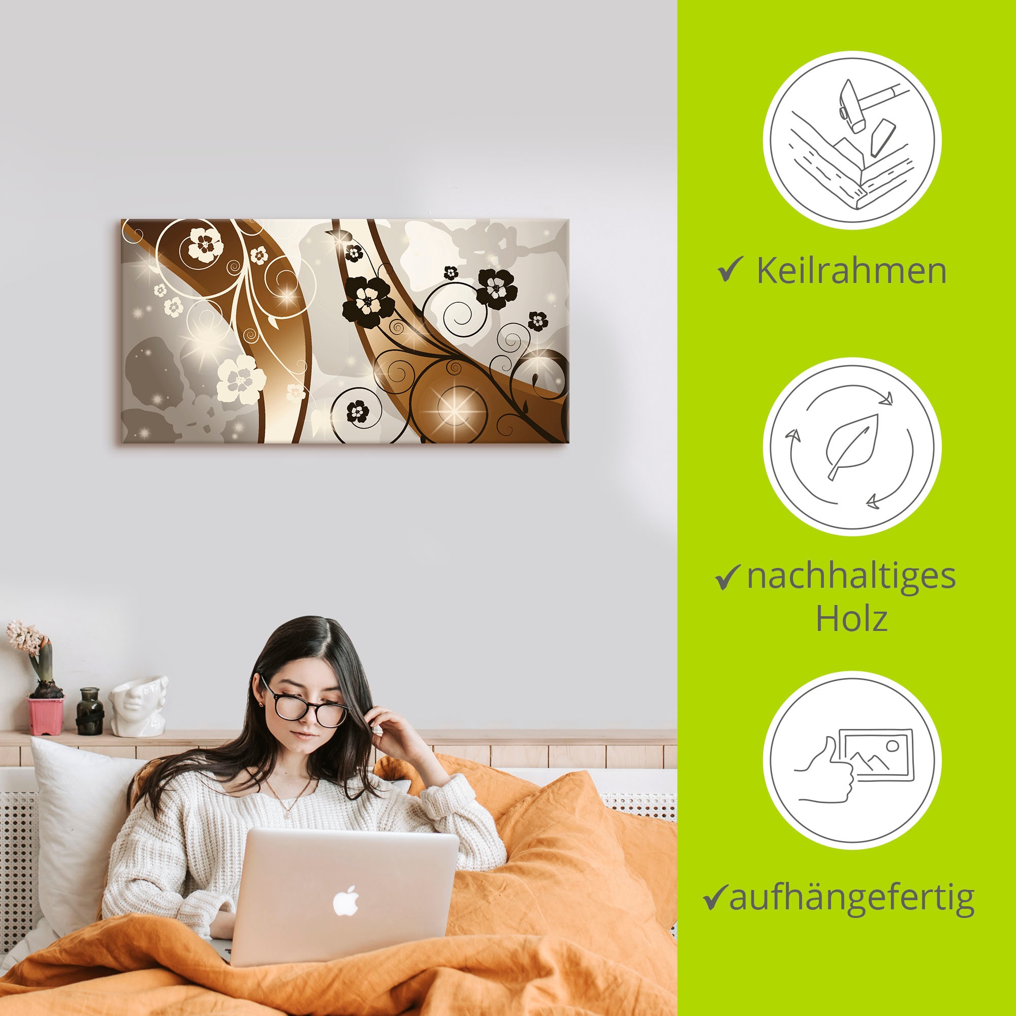 Artland Wandbild »Braune Wirbel mit Blumen«, Muster, (1 St.), als Leinwandbild, Poster in verschied. Größen