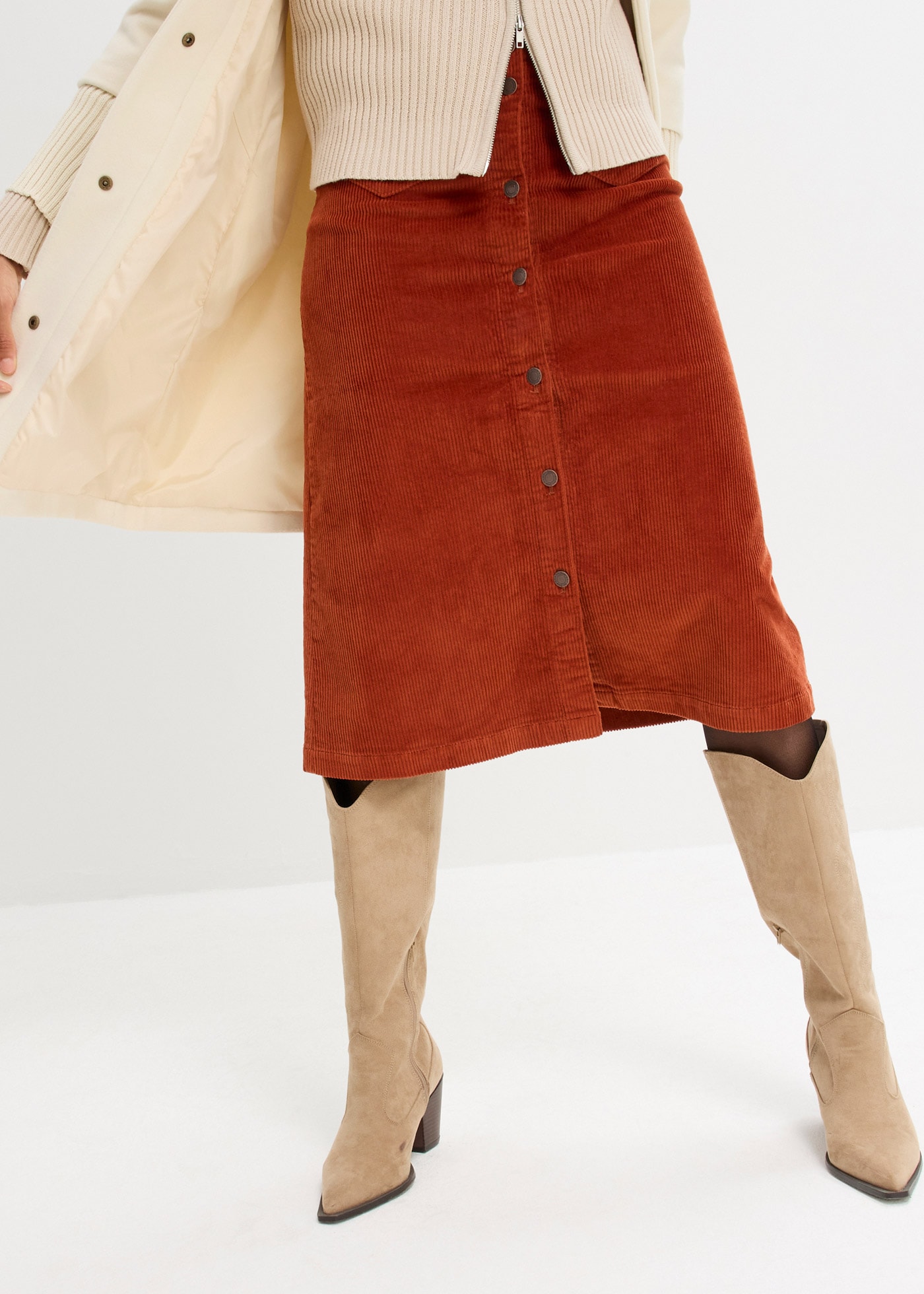 bonprix Cordrock mit Stretch, mit durchgehender Knopfleiste, mit Gürtelschl günstig online kaufen