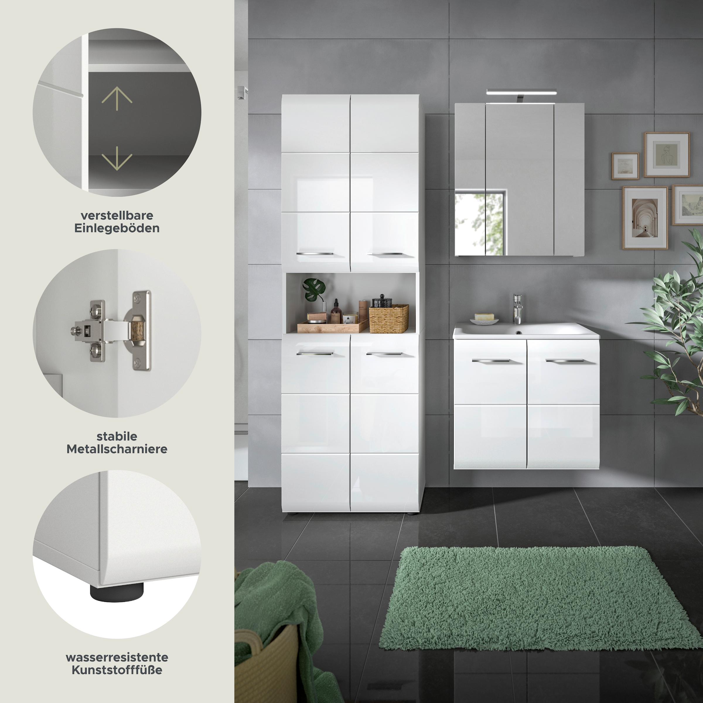 INOSIGN Badezimmer-Set, (Set, 5 St.), Florenz, Badkombination 5-tlg,Weiß hochgl. inkl. Waschbecken+Bel.