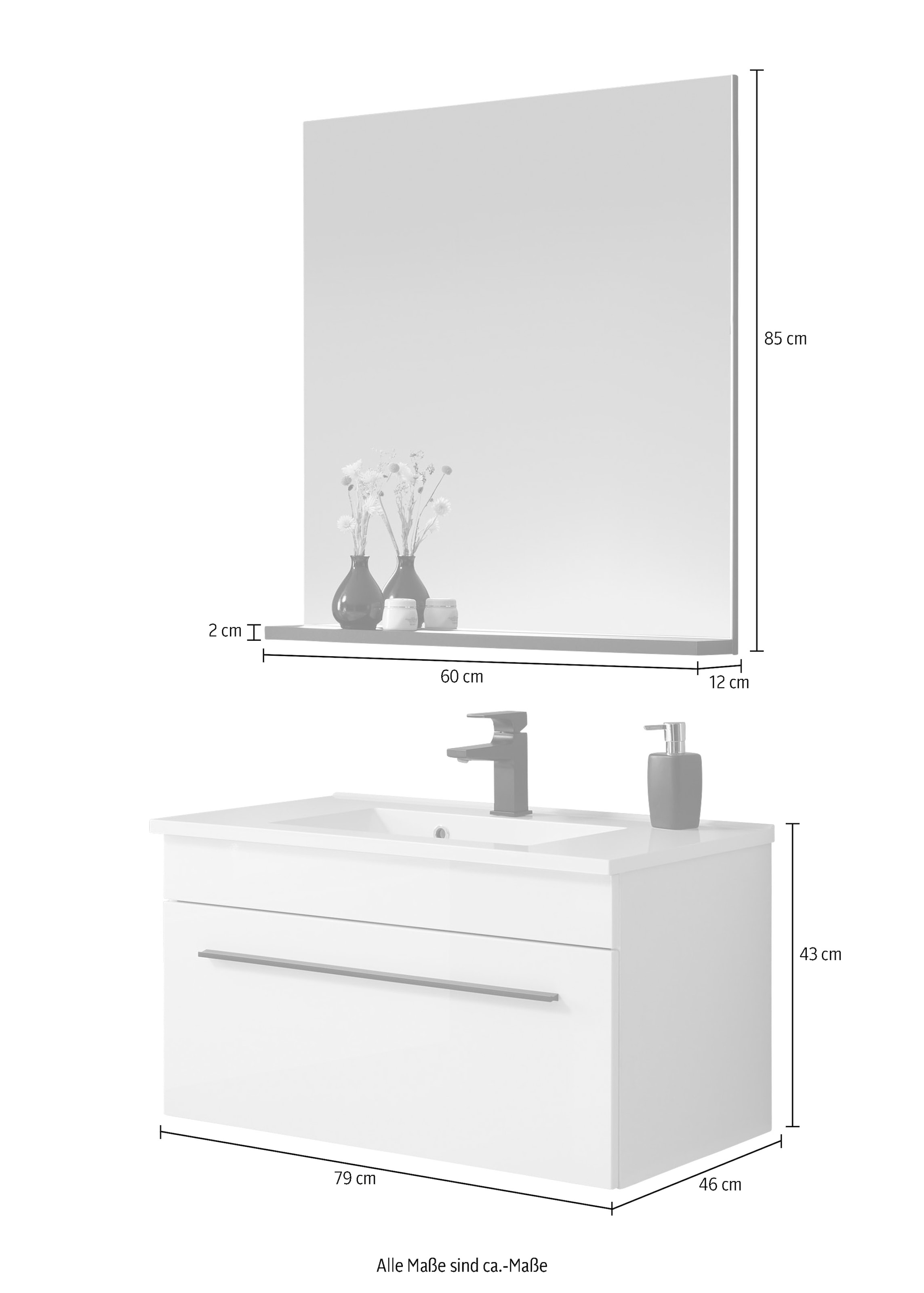 INOSIGN Badmöbel-Set »Cantara, Bad im modernen Design, 2-teiliges Badezimmer«, (Set, 2 St.), Waschtisch und Spiegel, in Weiß Hochglanz, viel Stauraum