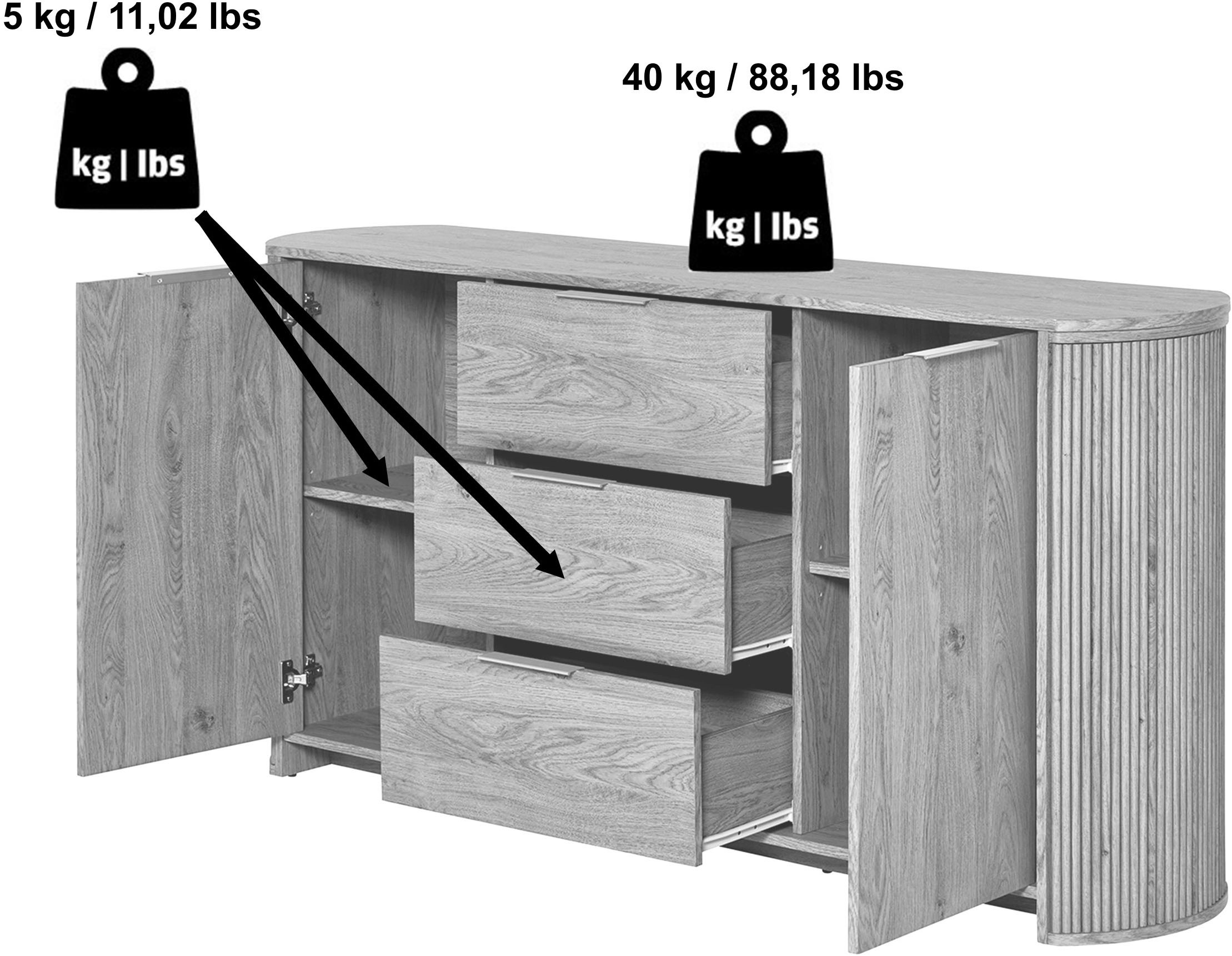 Jahnke Sideboard »MOON SB 160«, (1 St.), Sideboard, 2 Türen & 3 Schubladen, abgerundet, Breite ca. 160 cm