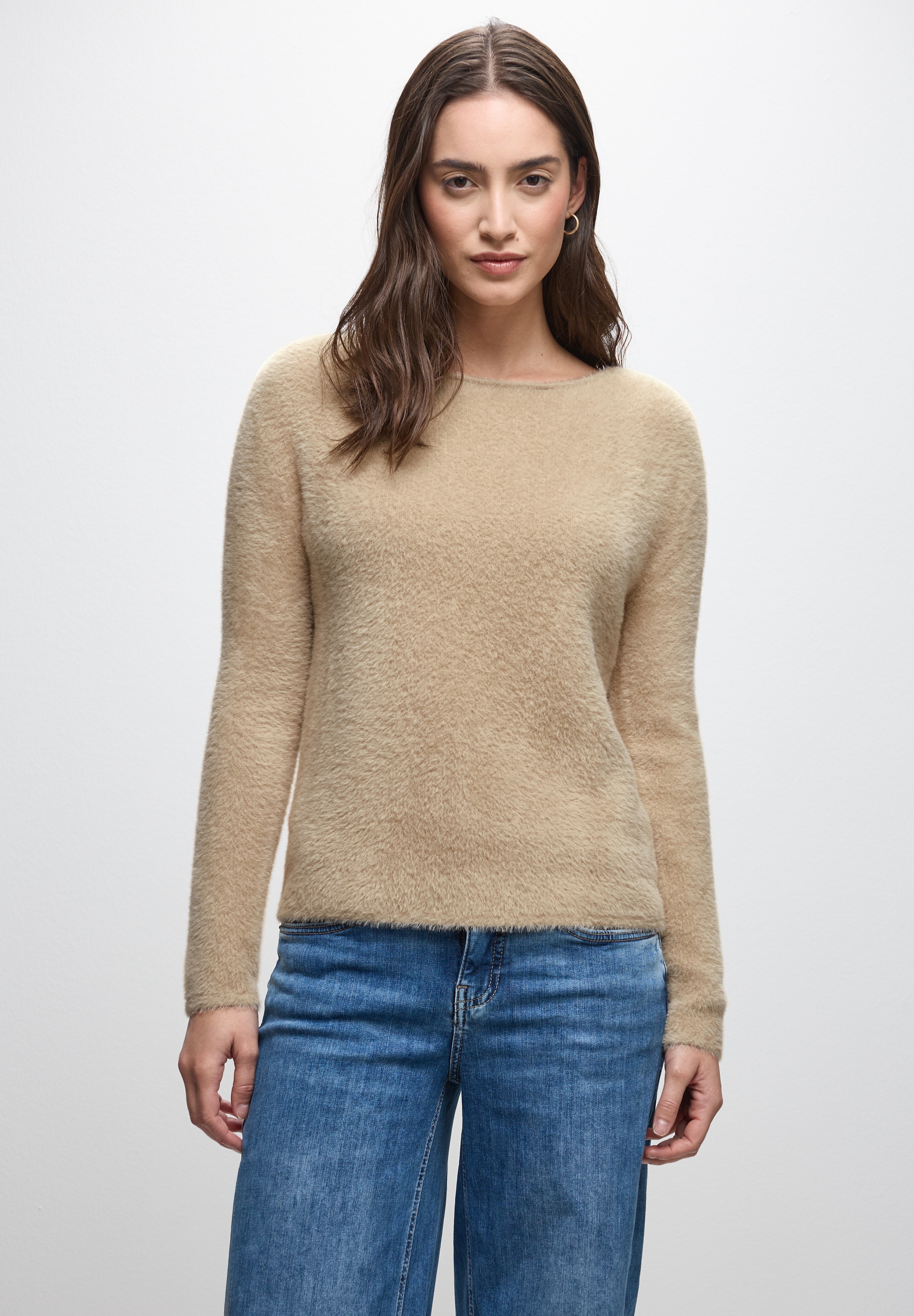 Strickpullover STREET ONE, Damen, Gr. 46, sanded beige, Stoff, 78% Polyamid, 12% Polyacryl, 10% Baumwolle, unifarben, normal normal, U-Boot-Ausschnitt, abgesteppt, Pullover Strickpullover, Grobstrick