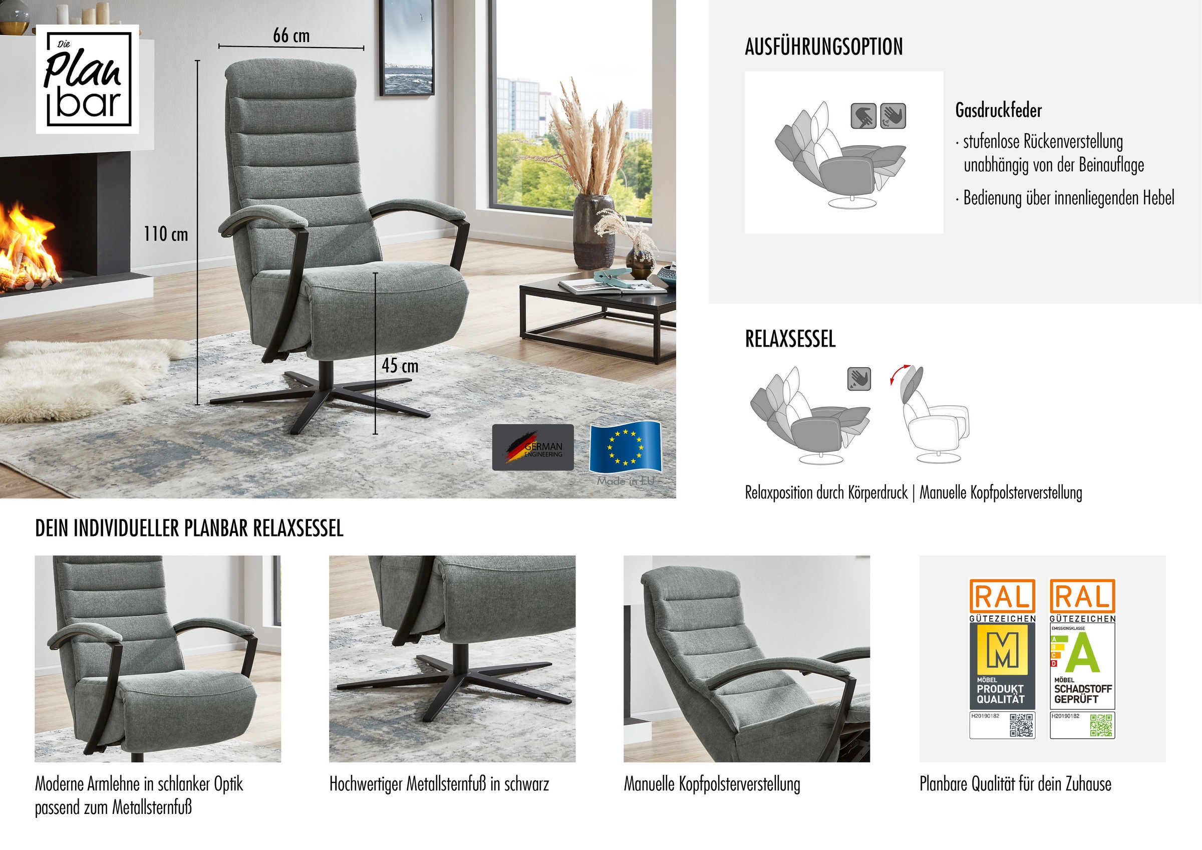Die PlanBar Relaxsessel »Relaxsessel mit Metallsternfuß, Relaxfunktion und Kopfteilverstellung« 1 Stk. tlg.