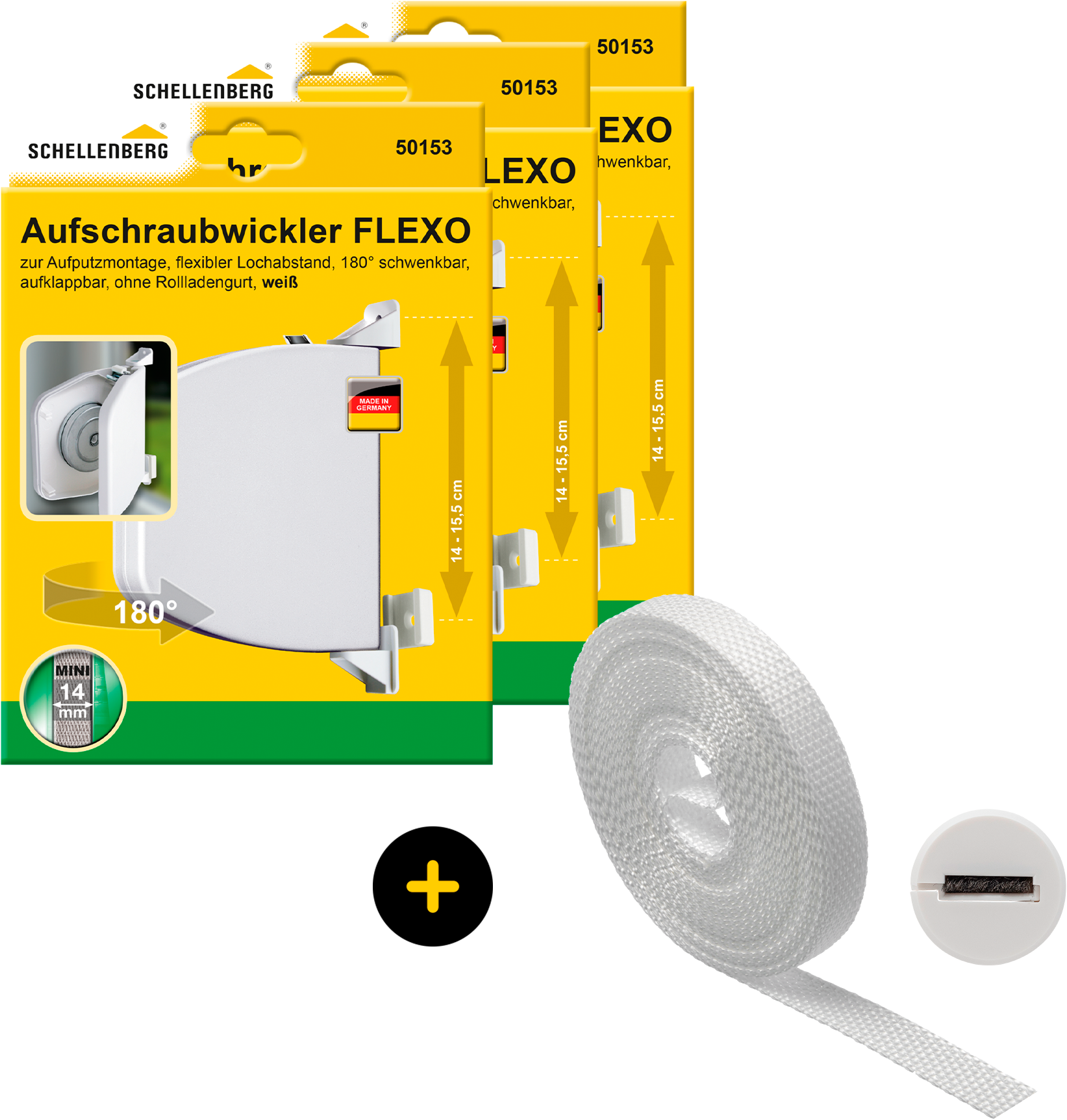 SCHELLENBERG Aufputz-Gurtwickler "Flexo Rollladensystem Mini, inkl. Gurt weiß und Gurtführung", 3 Stk., weiß, Gurtwickler, Aufschraubwickler