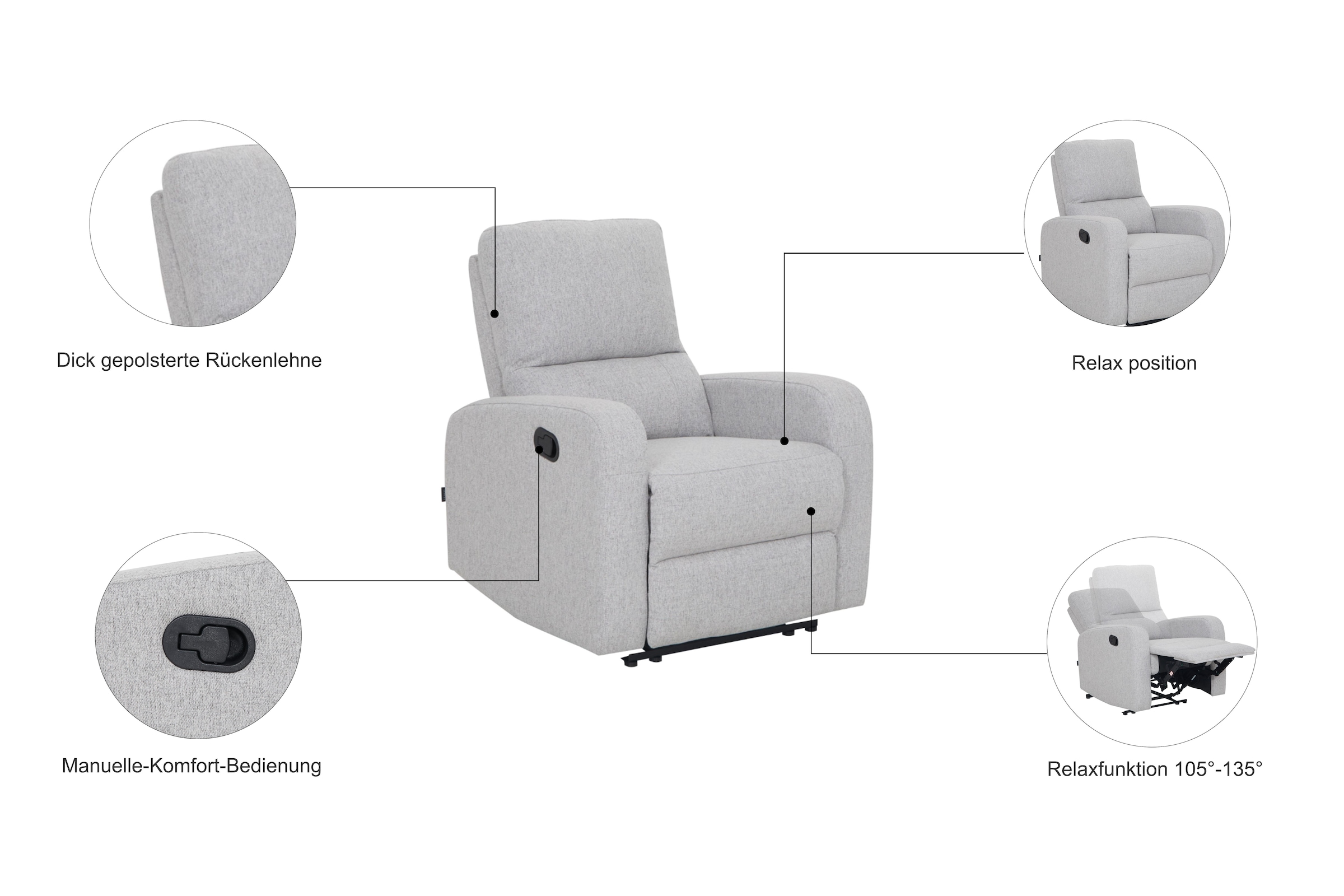Home affaire Relaxsessel »TOURNAY, TV-Sessel mit Recliner - und Liegefunktion, Webstoff,«, Ruhesessel mit Beinablage, Liegefläche ideal verstellbar 105°-135°