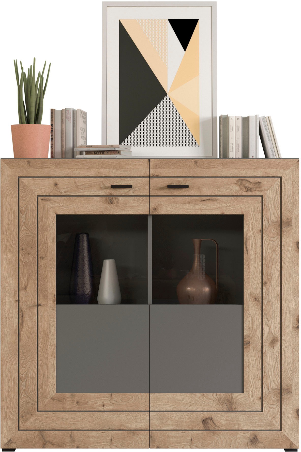 INOSIGN Wohnwand »Aalborg, Breite 350cm, 2-farbig,Metallgriffe, 4-teilig, bestehend aus:«, (4 St.), 1x Vitrine, 1x Lowboard, 1x Wandboard und 1x Highboard