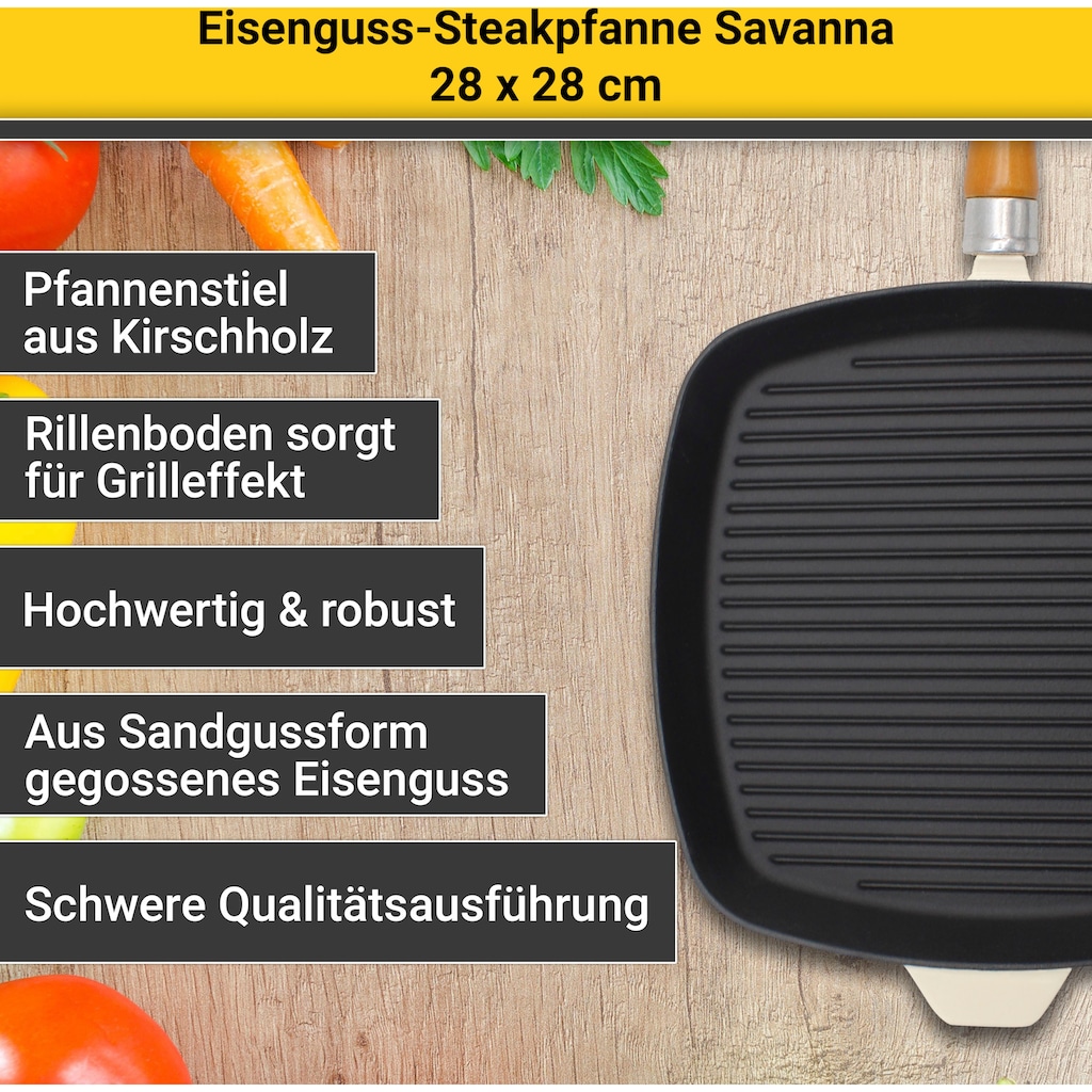 Krüger Steakpfanne »Einsenguss Grill-/ Steakpfanne SAVANNA, 28 x 28cm«, Gusseisen, (1 tlg.), für Induktions-Kochfelder geeignet