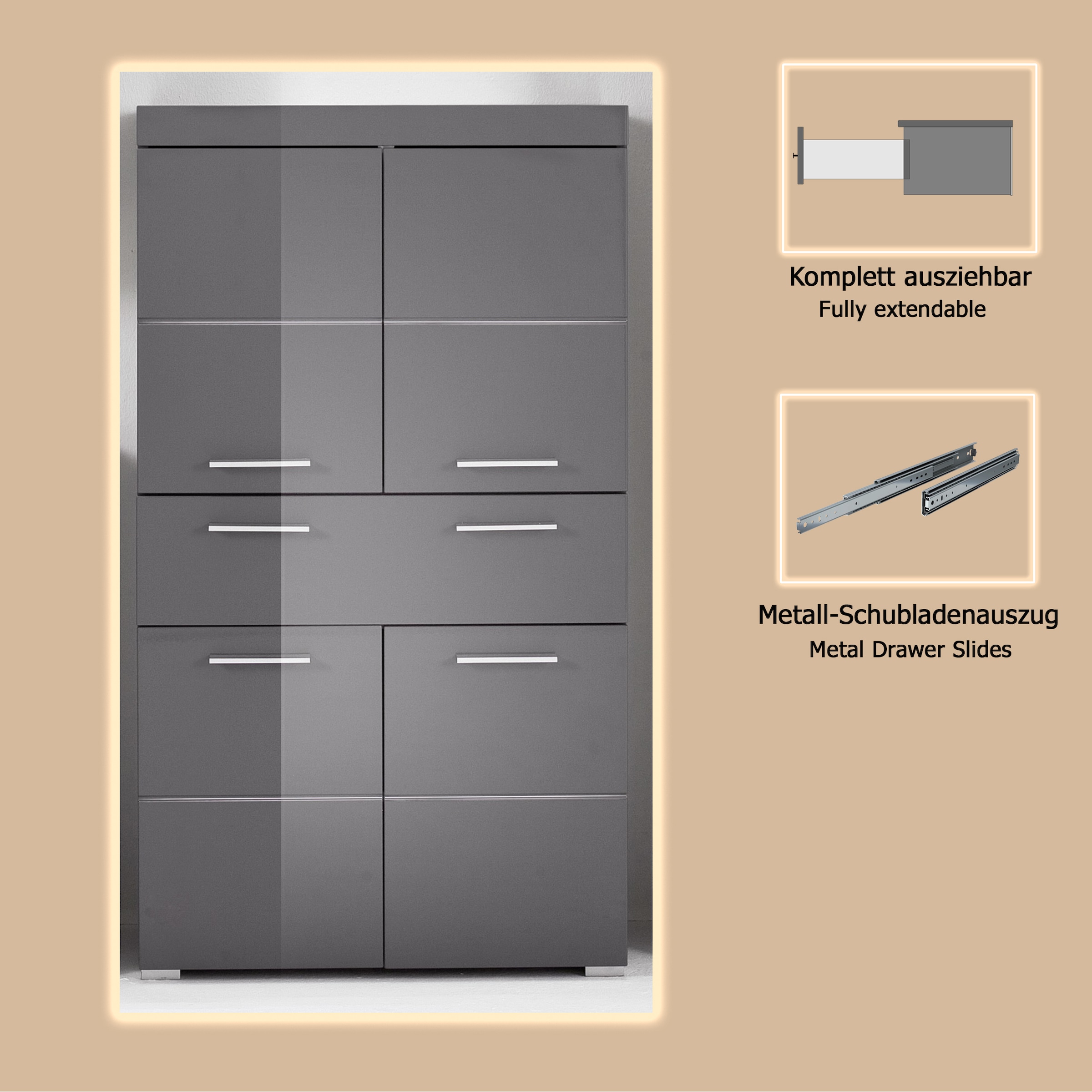 welltime Midischrank »Avena« Standschrank mit 4 Türen, 1 Schublade - (B/T/H) 73/31/130 cm