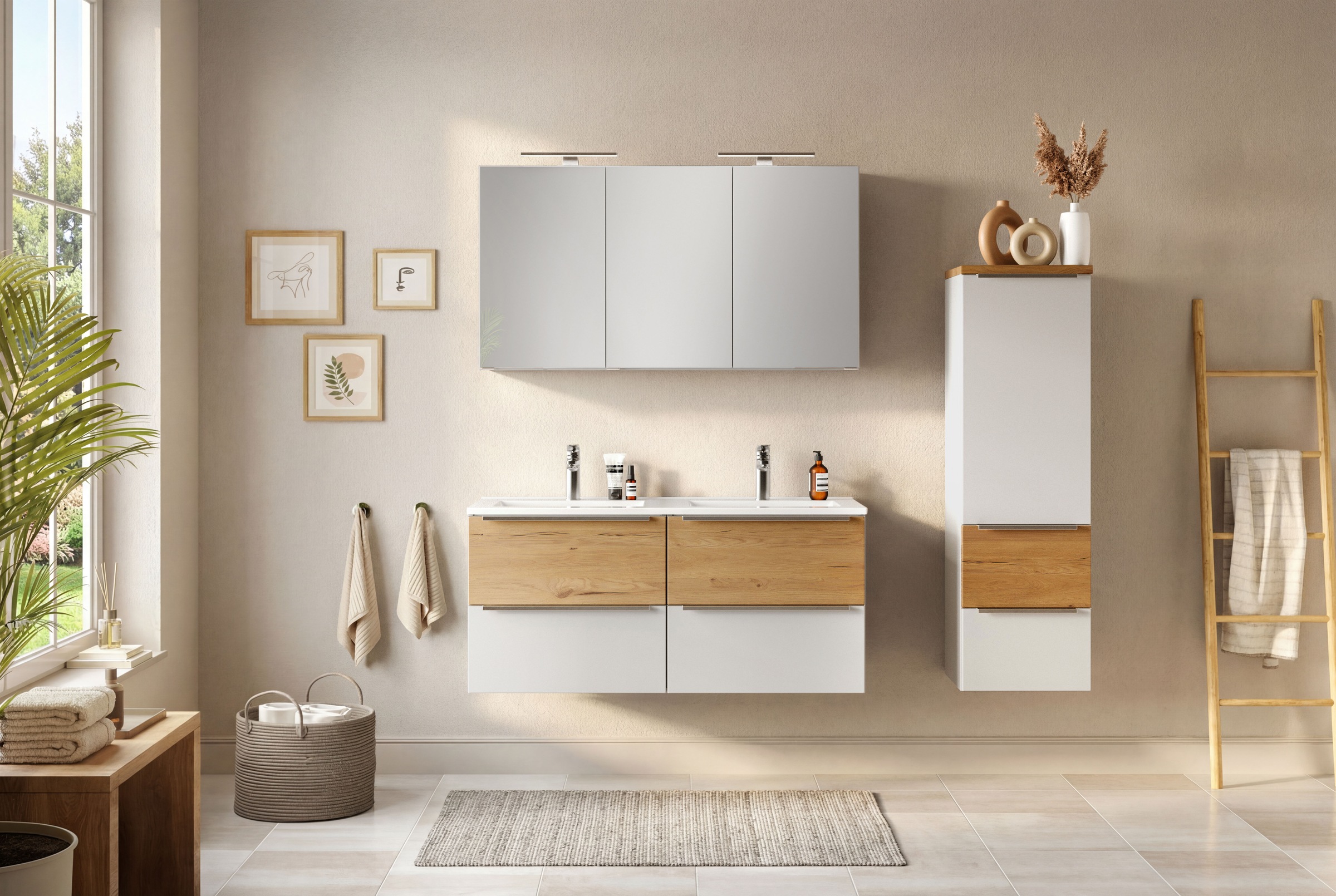 welltime Spiegelschrank »TRIENT, 3D-Spiegelschrank 120 cm, gedämpfte Scharniere« matt weiß/Wildeiche, gedämpfte Scharniere