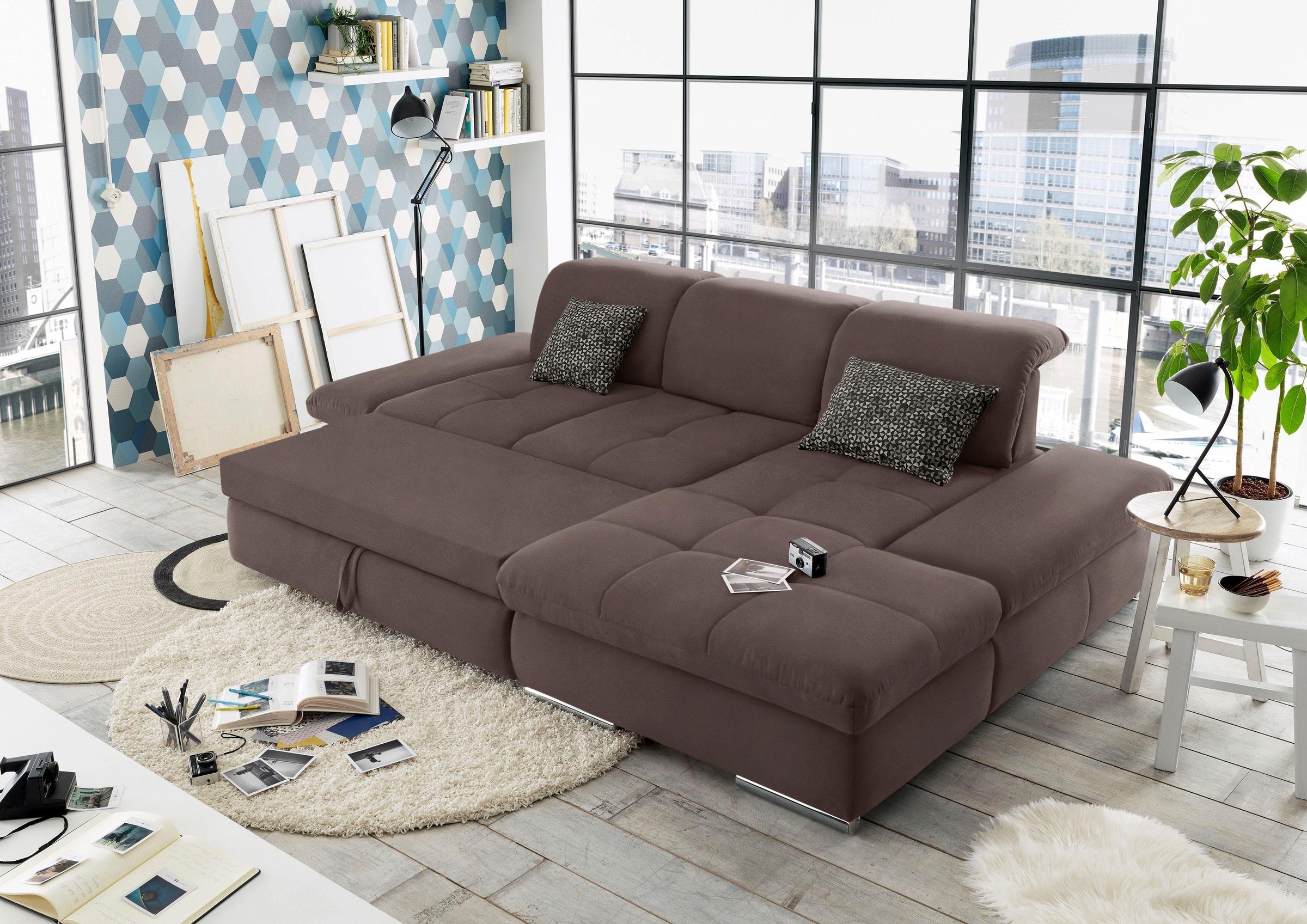 set one by Musterring Ecksofa »SO4100 V«, mit verstellbaren Kopfteilen, wahlweise mit Funktionen, Cord-Bezug