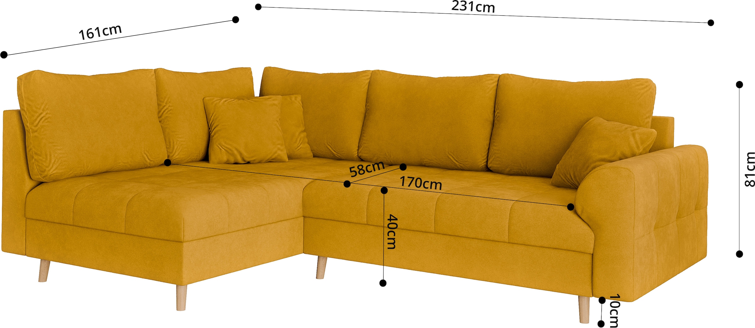Home affaire Ecksofa »CHARRE L-Form mit Ottomane, Maße B/T/H: 231/161/81 cm«, feine Steppung, lose Rücken- und Zierkissen, auch in Cord und Bouclé
