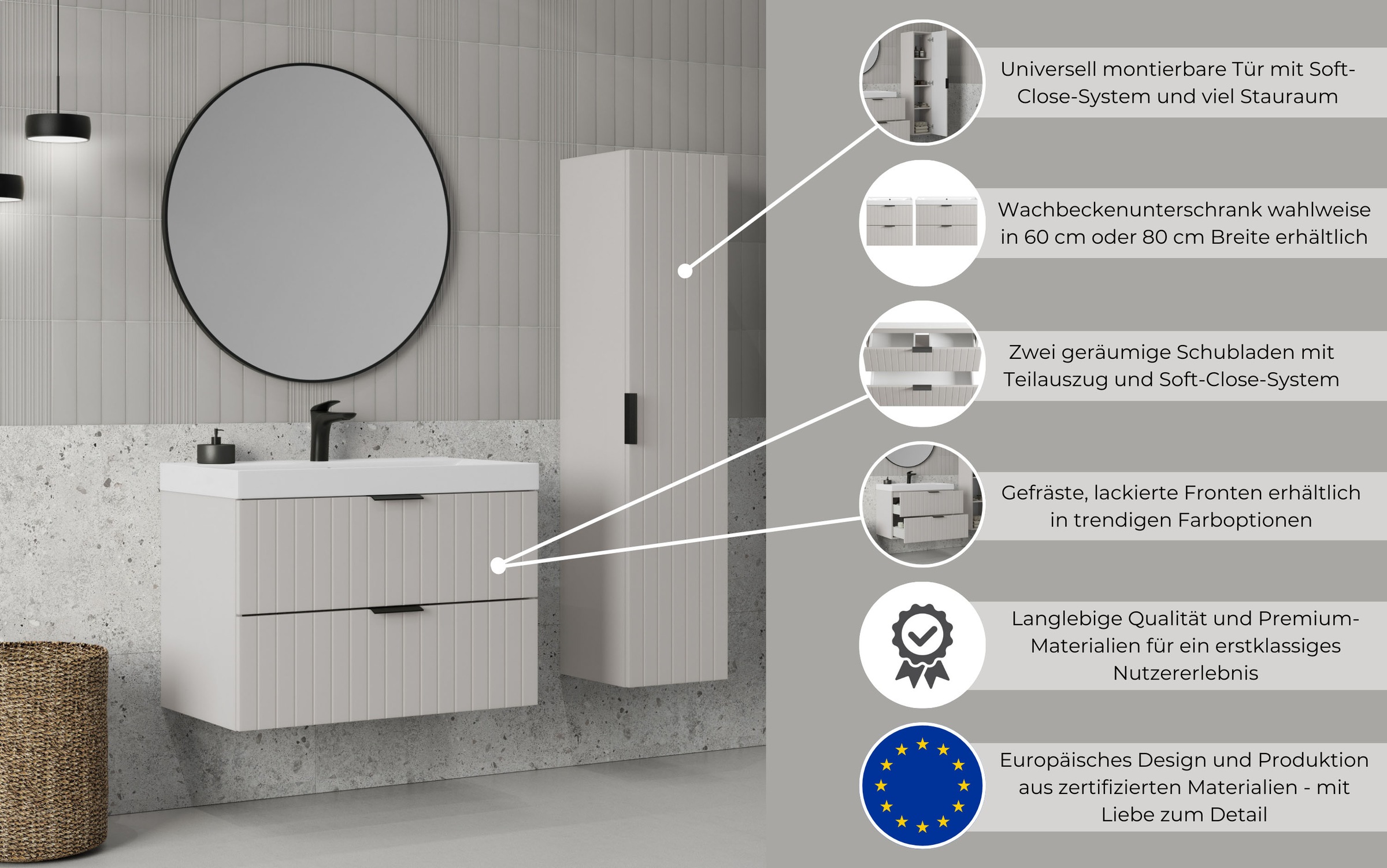 Thumbnail - welltime Hängeschrank "HARMONY rechts/links montierbar, Breite 32 cm, modernes Design" Schrank mit 3 Einlegeböden, Soft-...