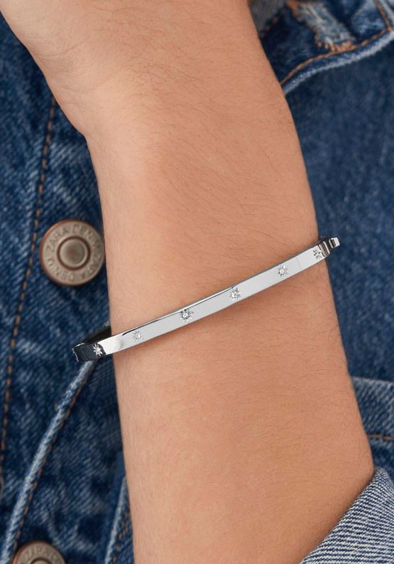 Armreif FOSSIL "Schmuck Geschenk Edelstahl Armschmuck SADIE", silber (edelstahlfarben, kristallweiß, kristallweiß), Armbänder, Damen, 17,5cm, Edelstahl, Armreif, mit Glasstein 4