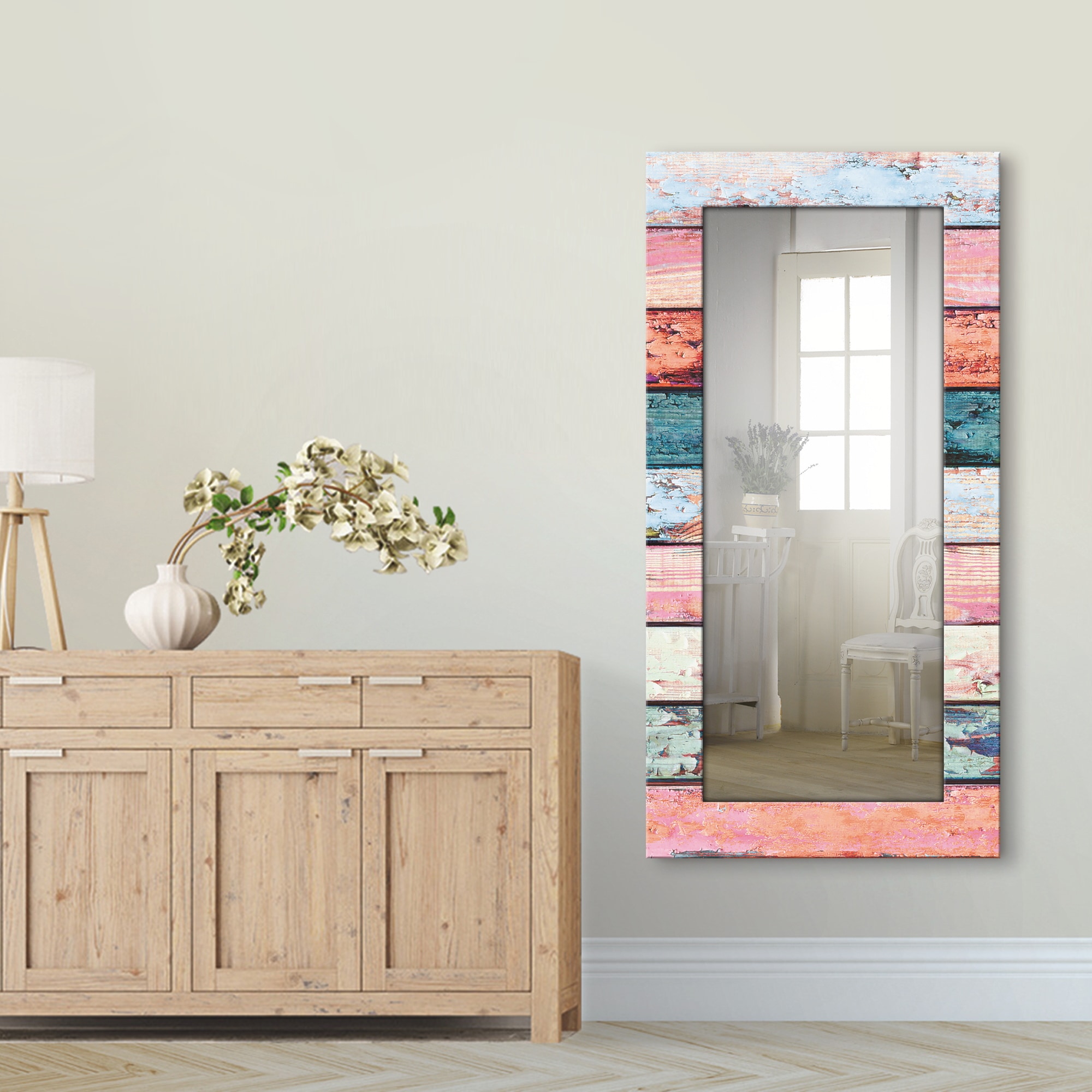 Artland Dekospiegel »Bunte Holzplanken«, gerahmter Ganzkörperspiegel, Wandspiegel, mit Motivrahmen, Landhaus