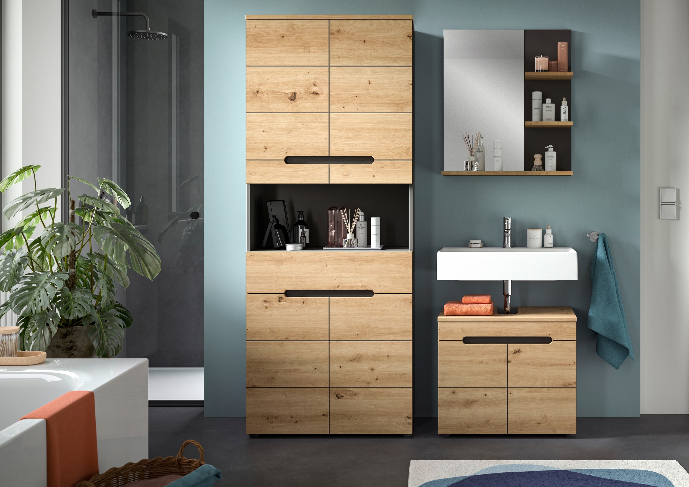 INOSIGN Badmöbel-Set »REHAT, 3-teilig, Breite 154 cm, mit grifflosen Fronten, bestehend aus:«, (3 St.), 1x Hochschrank, 1x Waschbeckenunterschrank & 1x Badspiegel