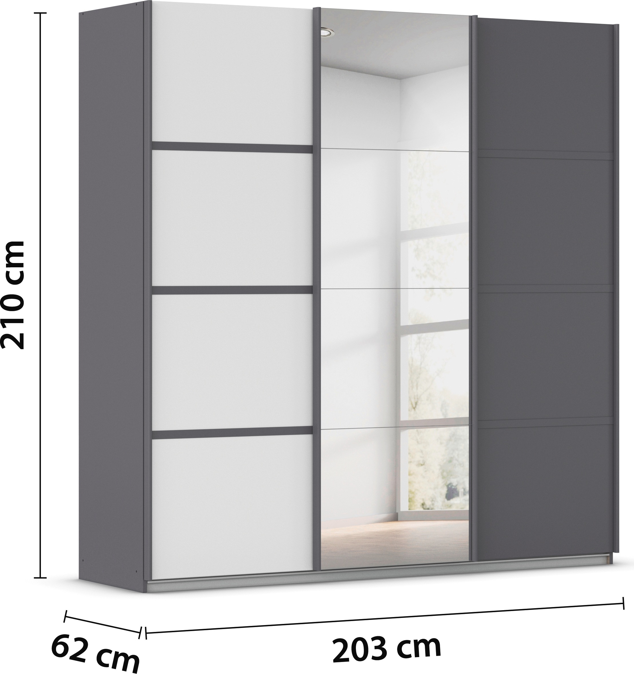 rauch Kleiderschrank »Schwebetürenschrank Garderobe Schrank TOP ANGEBOT Avola«, (in 3 verschiedenen Ausstattungen BASIC/CLASSIC/PREMIUM inkl. Spiegel), mit eleganten Zierleisten in Chrom, Schwarz oder Weiß MADE IN GERMANY