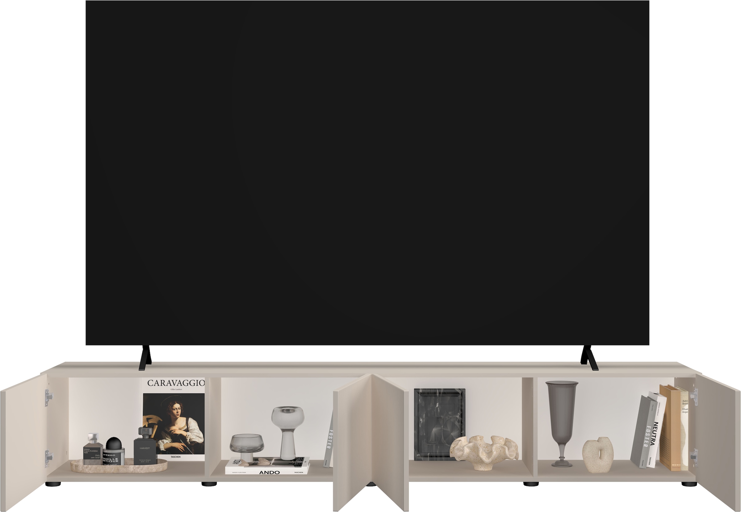 Home affaire Lowboard »Rio, 245 cm breit, 47 cm tief, 4 Türen mit geriffelten MDF Fronten« Modernes Lowboard für bis zu 98-Zoll-TV – perfekt für die WM