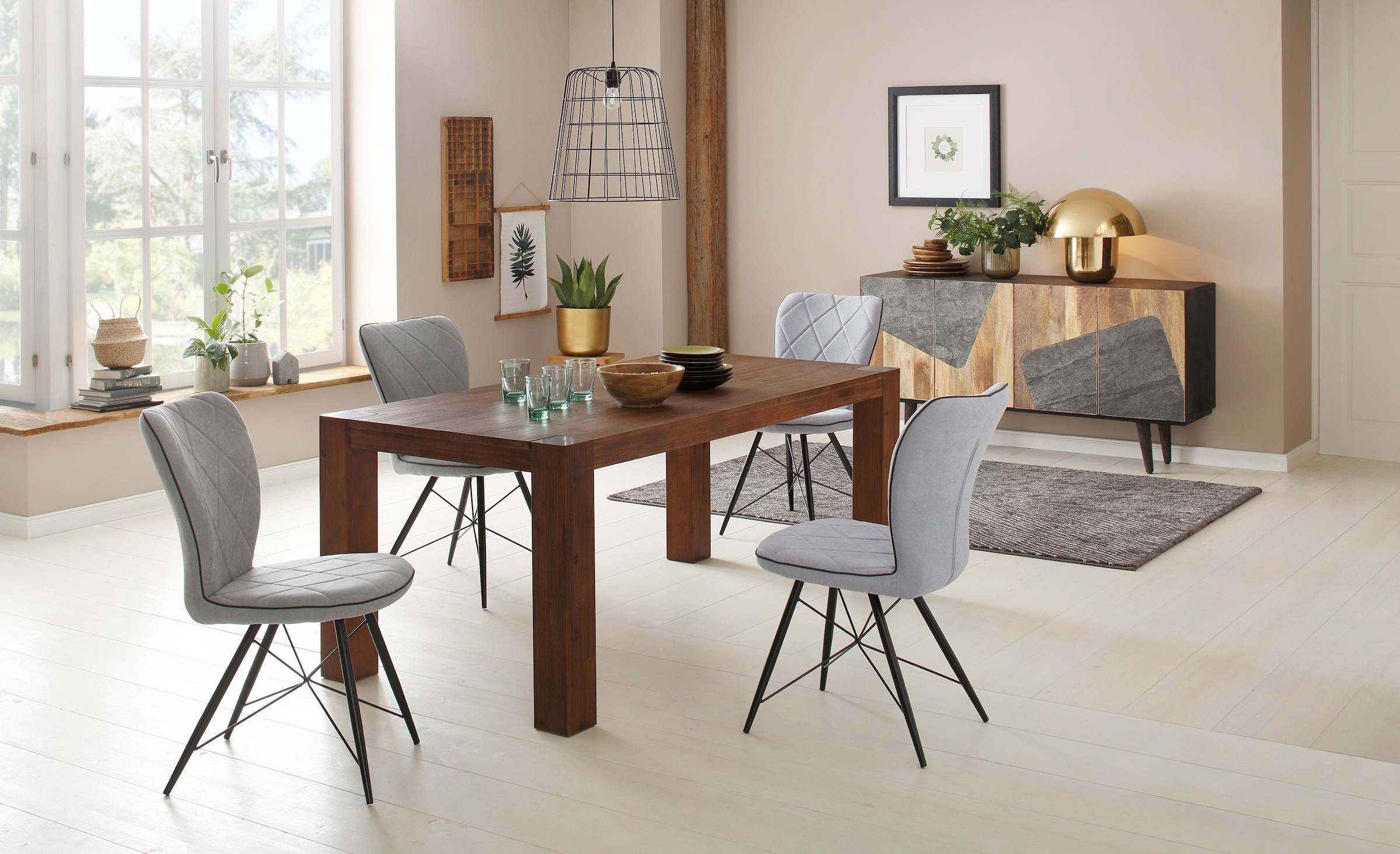 Home affaire Essgruppe »Gimbi«, (Set, aus 1 | bestehend Webstoff BAUR und tlg.), Stühlen Esstisch aus Bezug 4 kaufen Holz mit 5