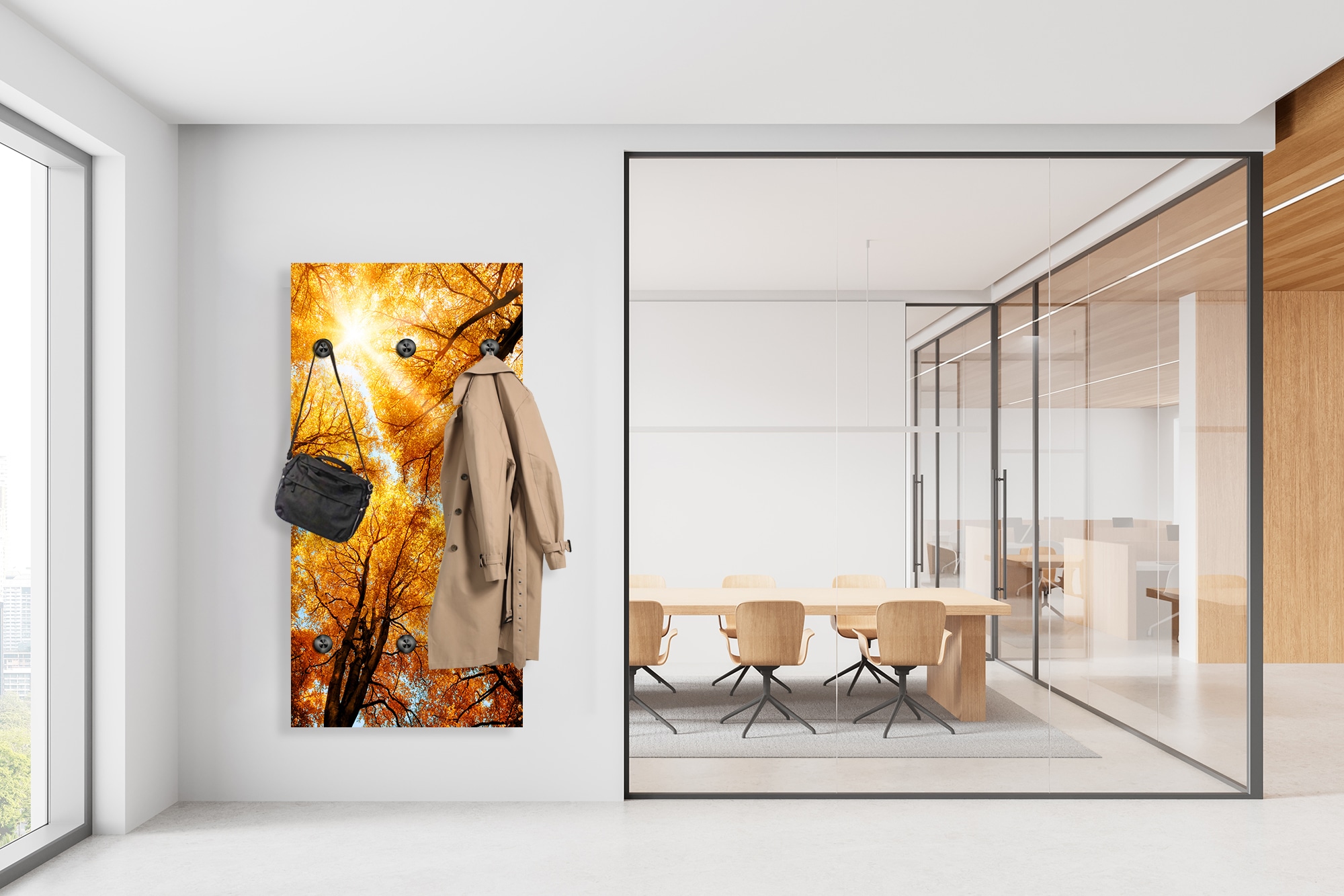 queence Wandgarderobe »Herbst Sonnenaufgang im Wald« 1 Stk. tlg. Wandpaneel aus Acrylglas inkl. 6 Edelstahlhaken in schwarz matt