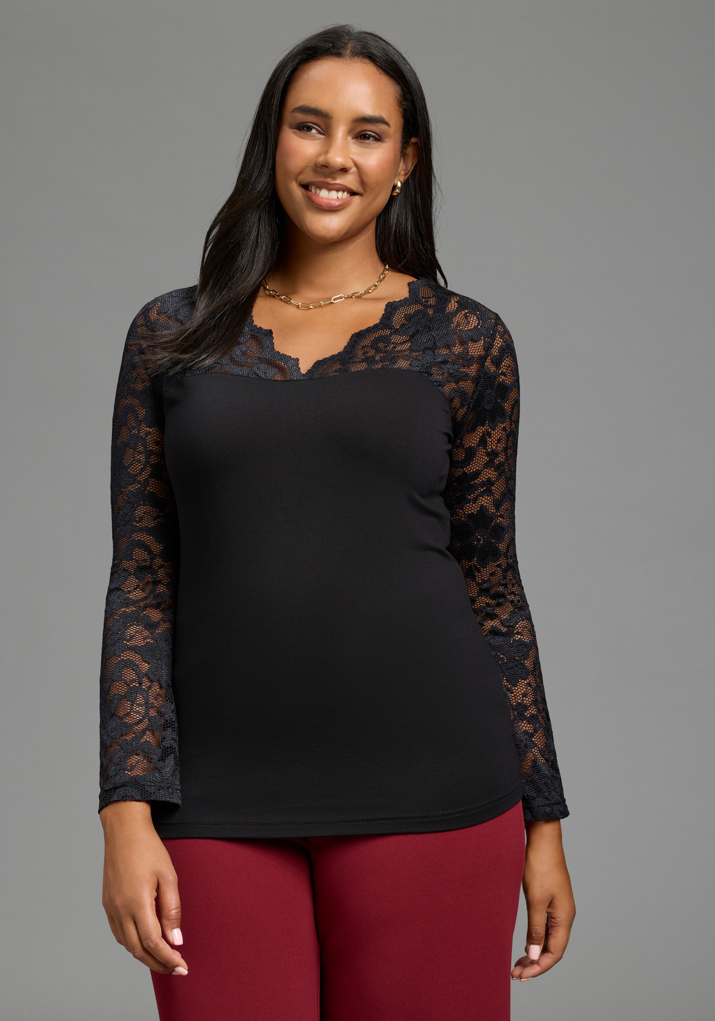 Laura Scott CURVE Spitzenshirt "Große Größen" figurbetonte Passform, V-Ausschnitt, Langarm, hüftlang