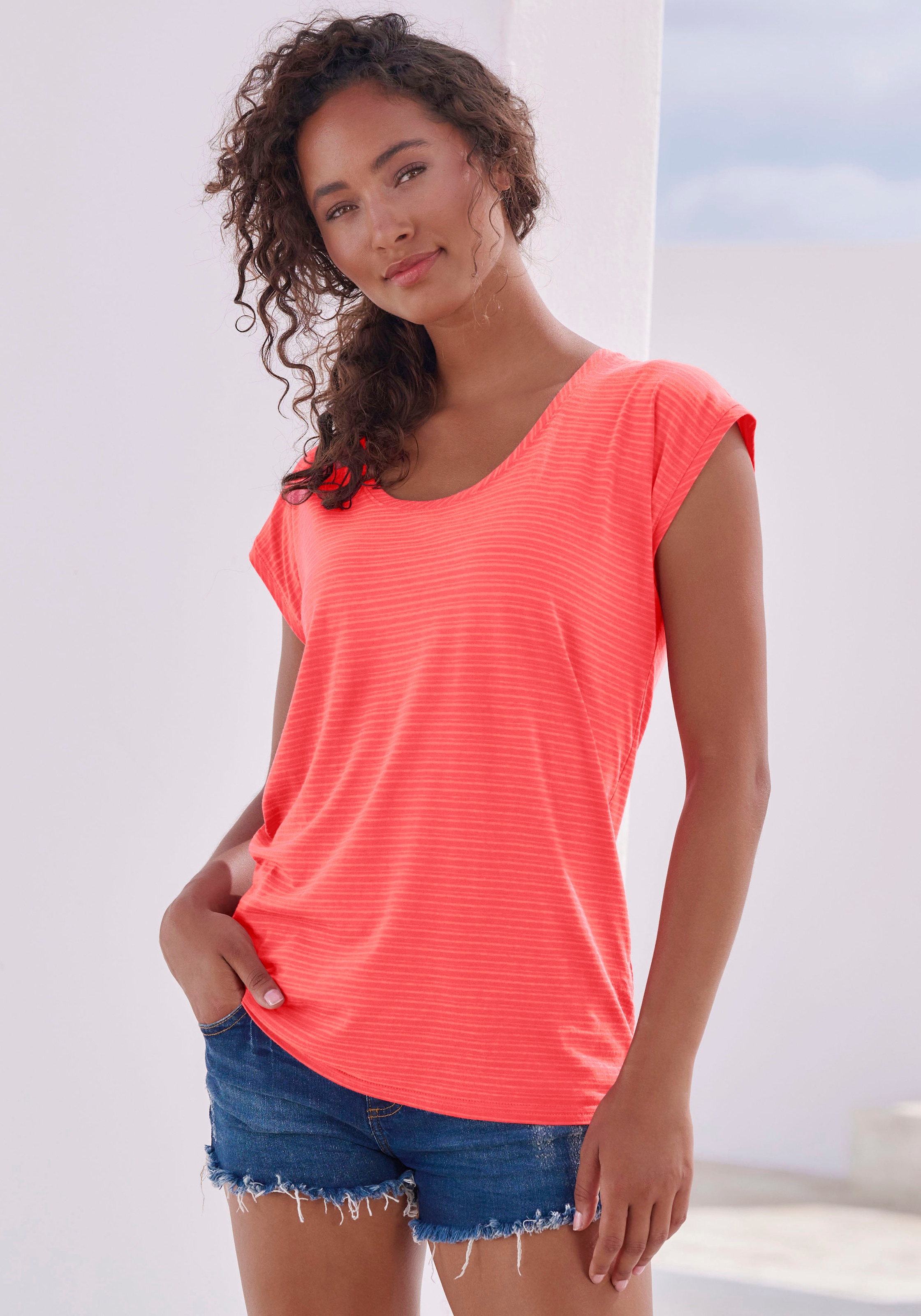 Beachtime Kurzarmshirt »mit leicht transparenten Streifen«, (2er-Pack), aus weicher Baumwoll-Viskose-Qualität