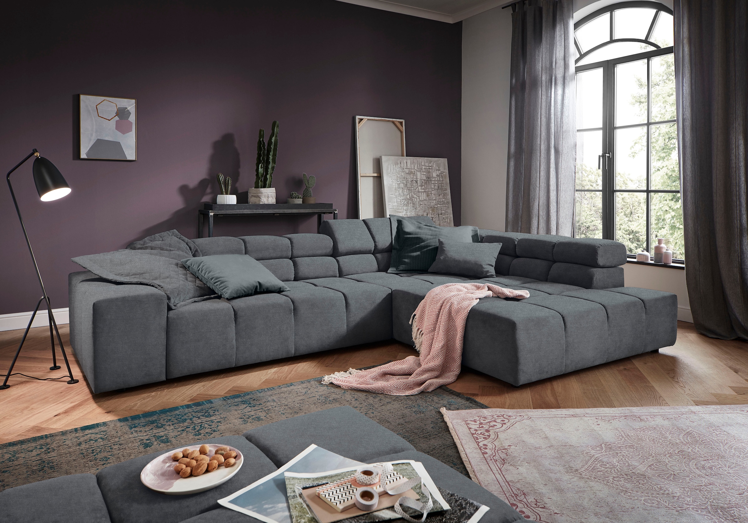 INOSIGN Ecksofa »Ancona incl. Kopfteilverstellung, Zierkissen Breite 319cm, L-Form«, wahlweise motorische Sitztiefenverstellung, auch in Cord + Easy Care