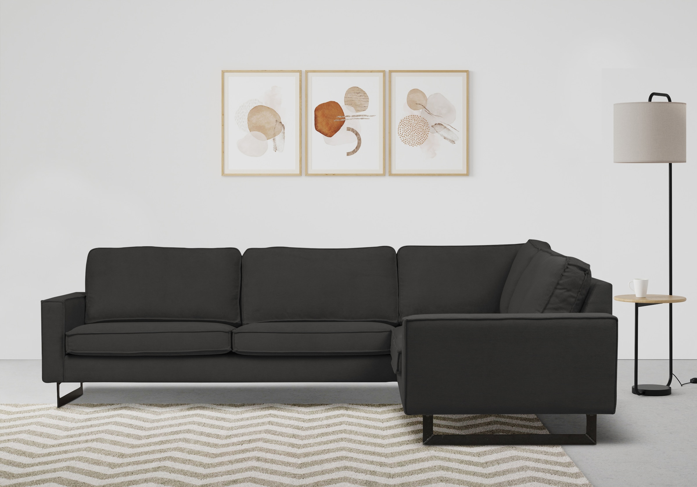 Places of Style Ecksofa »Pinto, XXL, 250/290 cm, langer Schenkel, Ottomane«, Cord, Chenille, Lederoptik, mit Keder, Metallfüße, Wellenunterfederung