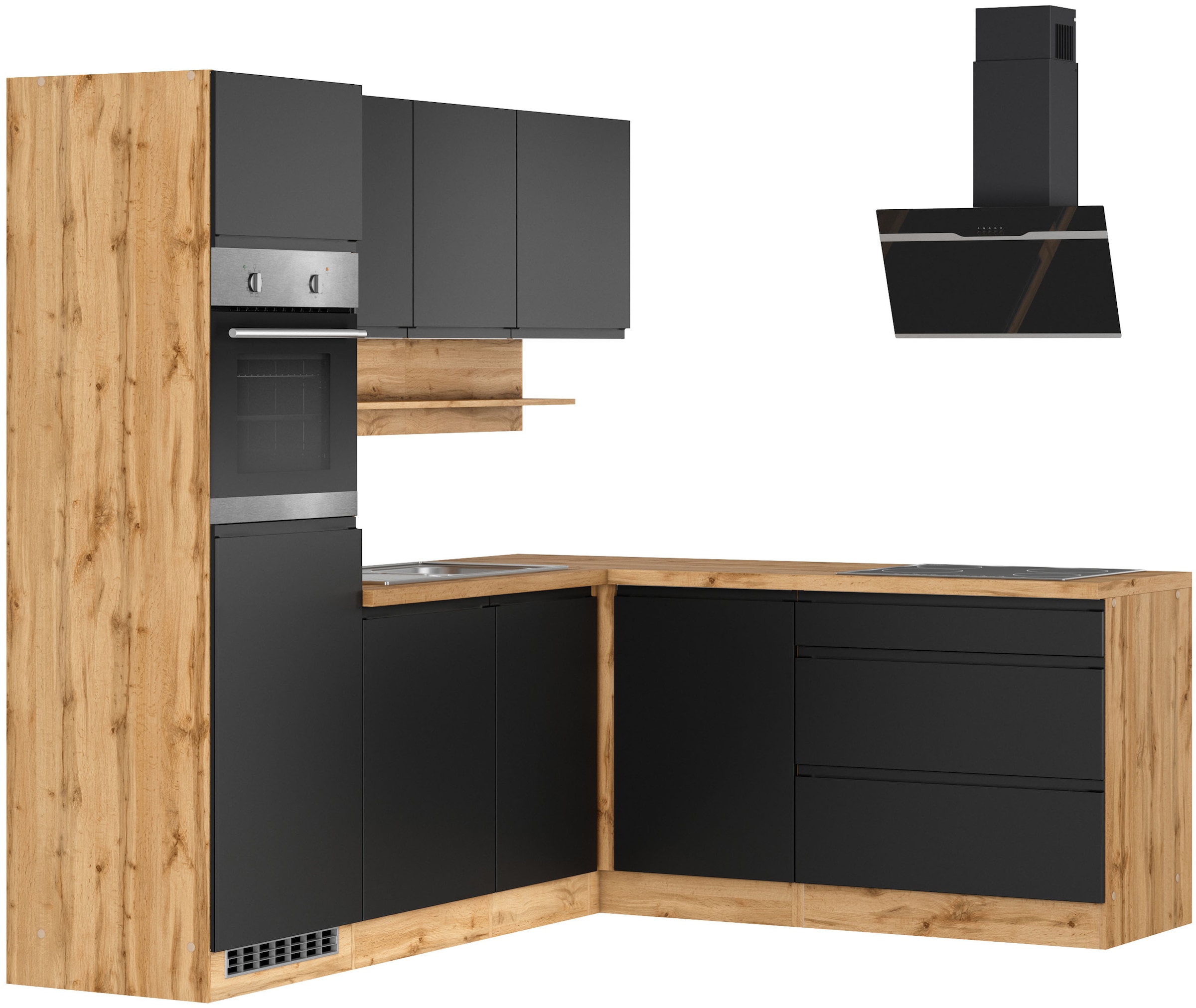 KOCHSTATION Winkelküche "KS-Virginia,neu in verbesserter Ausführung" Arbeitsplatte 38 mm stark, Stauraum, Softclose, Stellbreite 230/190 cm, Soft-Close,wahlweise mit E-Geräten