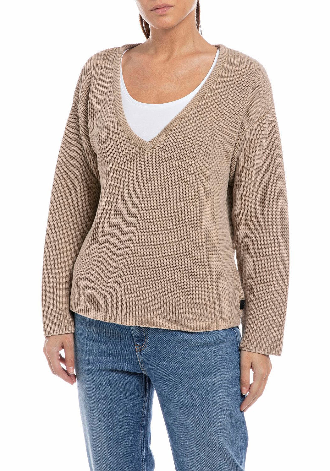 Replay Strickpullover, mit tiefem V-Ausschnitt, aus Baumwolle