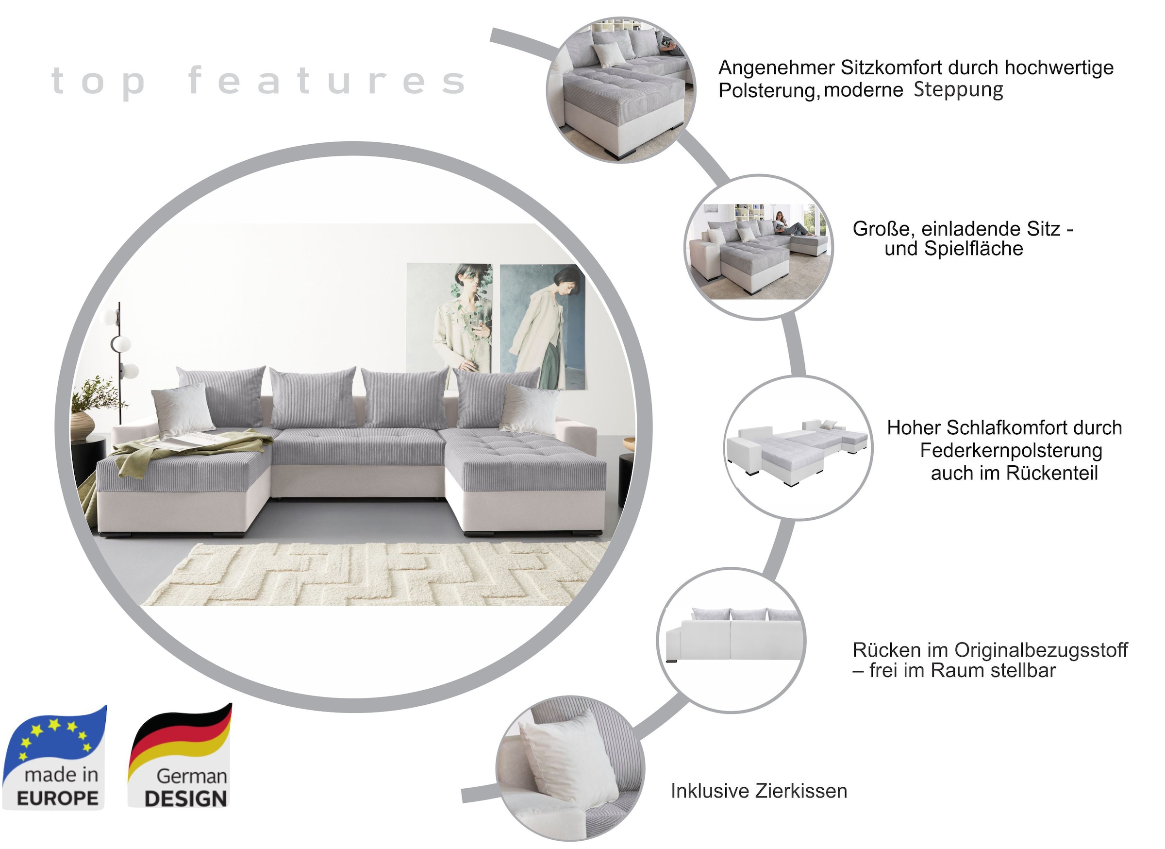 COLLECTION AB Wohnlandschaft »Josy XL U-Form, B: 313 cm in Cord, Cord-Mix«, mit Bettfunktion, Bettkasten & 2 Zierkissen, Federkern