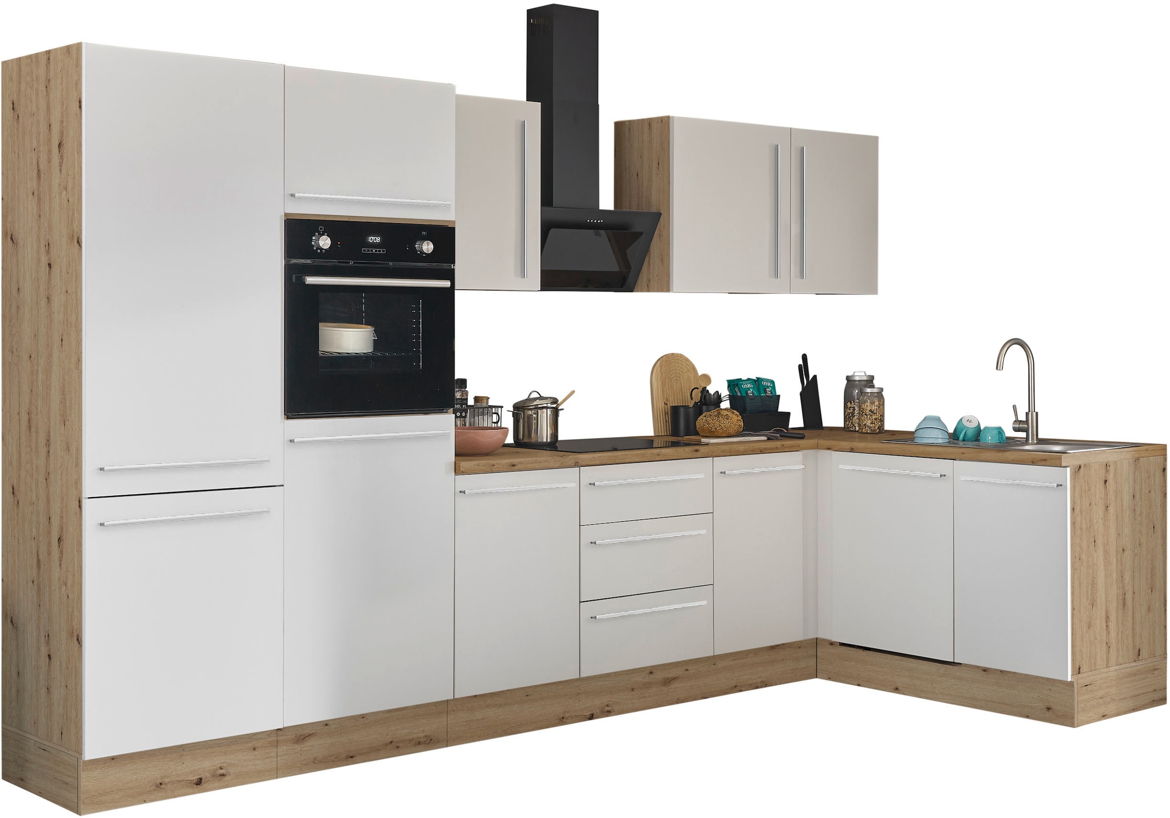 KOCHSTATION Winkelküche »Florida, Stellbreite 340x175 cm« wahlweise mit E-Geräten, mit Softclose für Türen und Schubkästen