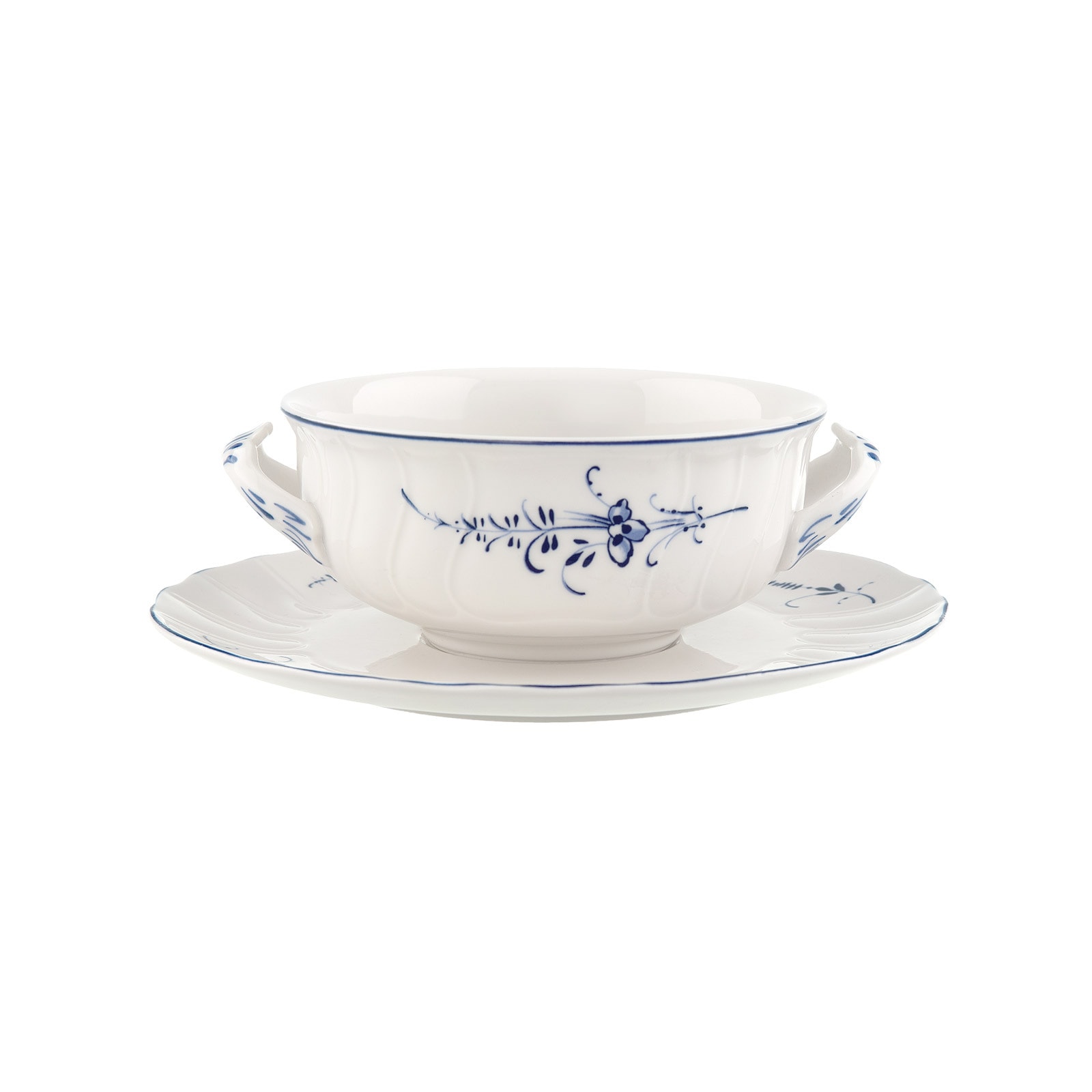 Villeroy & Boch Tasse "Suppentasse mit Untertasse Vieux Luxembourg 260 ml weiß-blau" Spülmaschinengeeignet, Mikrowellengeeignet
