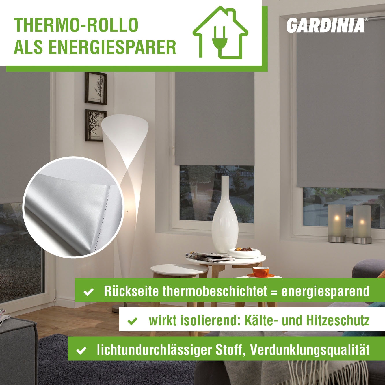 GARDINIA Seitenzugrollo »EASYFIX Rollo Thermo ENERGIESPAREND«, verdunkelnd, energiesparend, ohne Bohren, abdunkelnd mit Thermobeschichtung