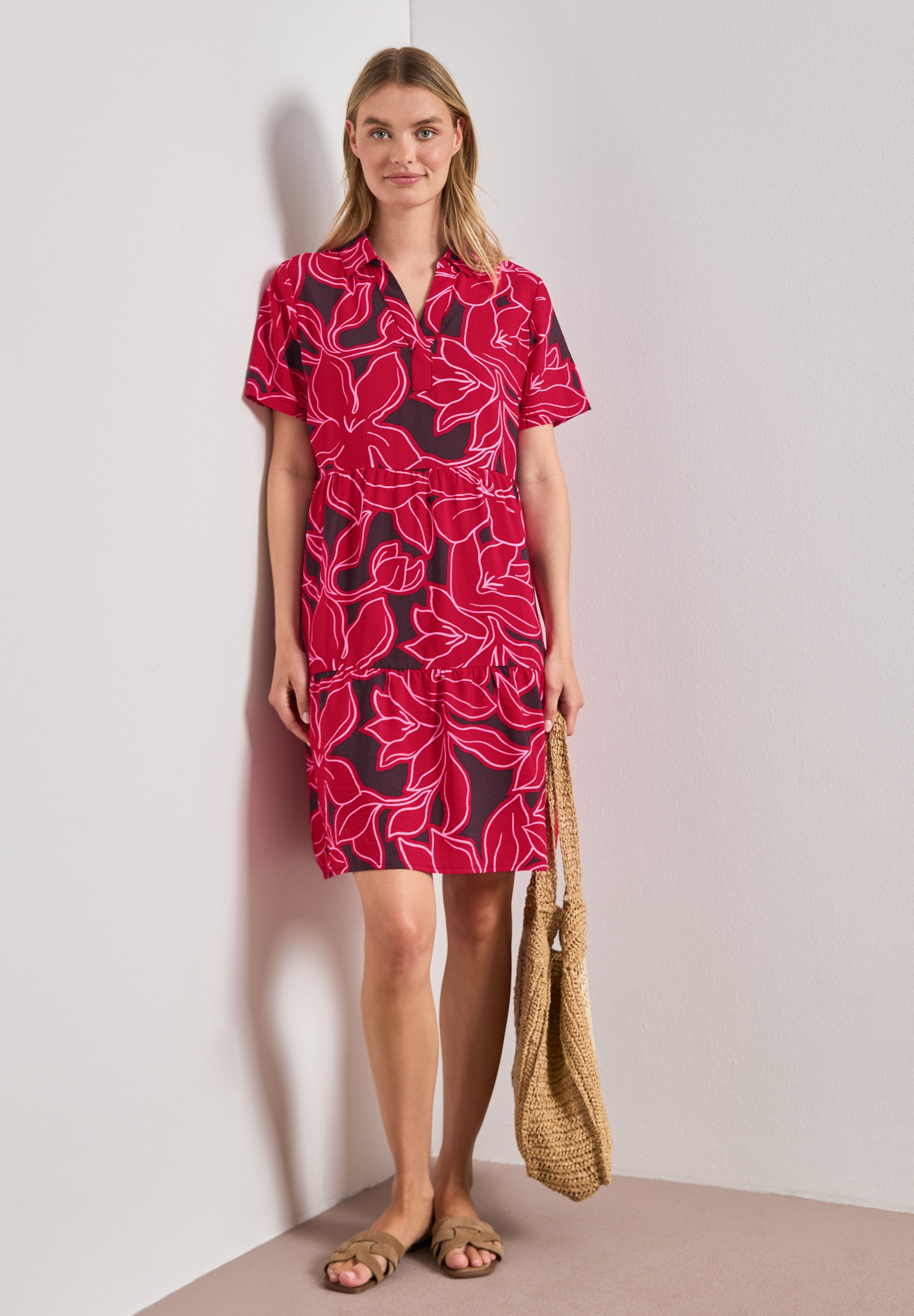 STREET ONE Druckkleid Ohne Taschen Knielanges Sommerkleid, Kurzarm, bedruckt