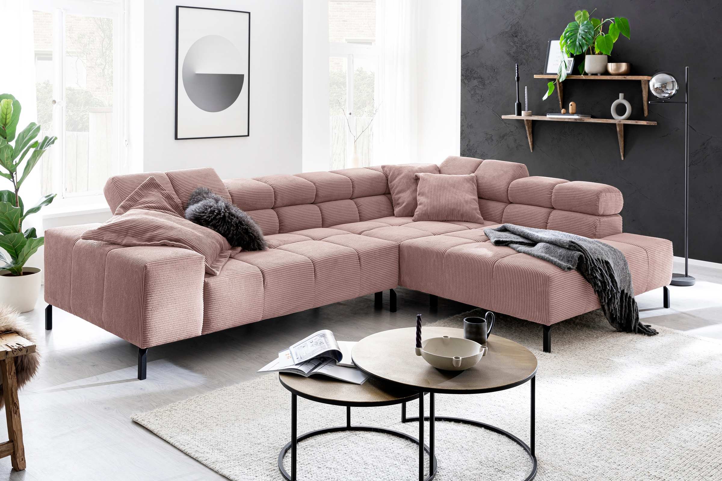 INOSIGN Ecksofa »Ancona New, wahlweise motorische Sitztiefenverstellung, auch in Cord«, feine Steppung, mit Kopfteilverstellung, 3 Zierkissen, L-Form