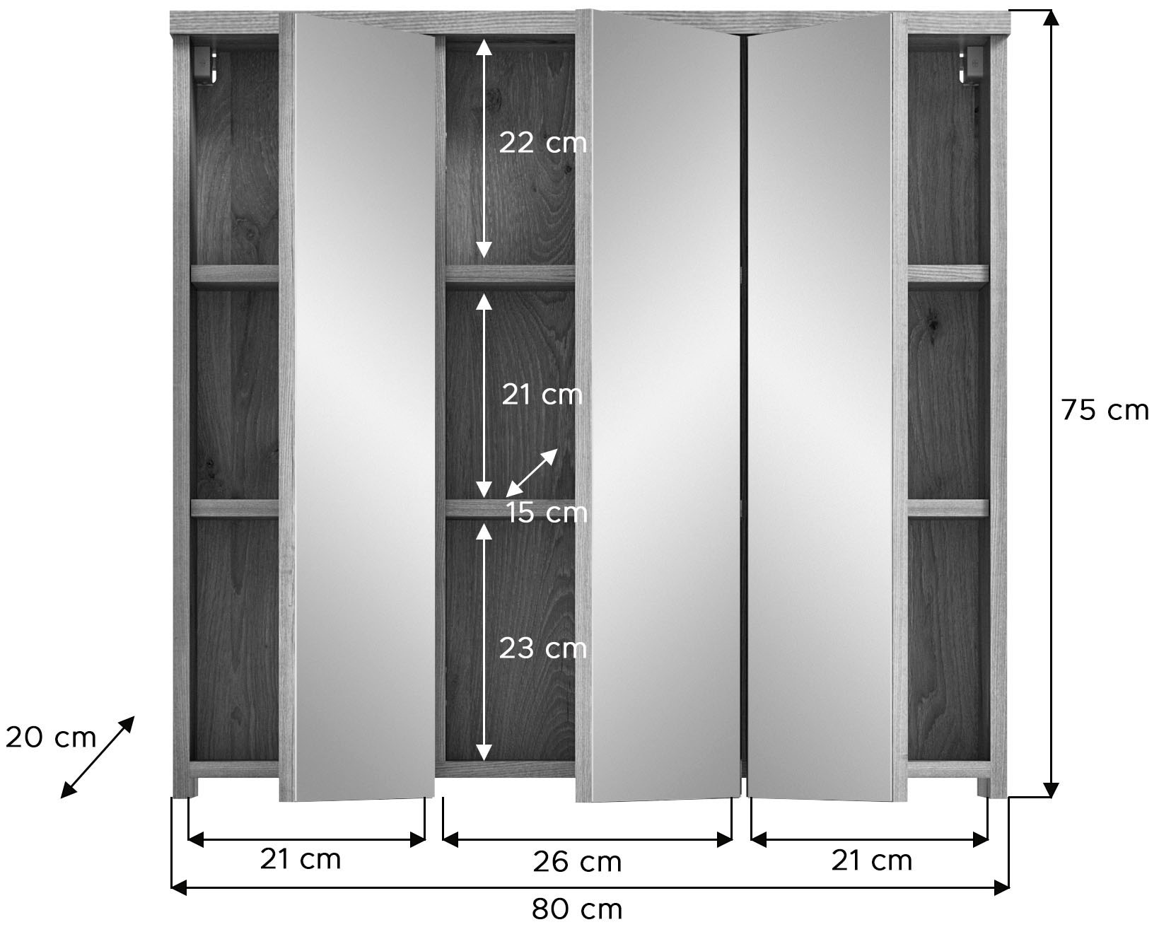 welltime Badezimmerspiegelschrank »Dolo, Breite 80 cm, 3 Spiegeltüren, 9 Fächer, 6 Einlegeböden«, (1 St.), Badmöbel, Badschrank, Schrank, Wandschrank, Bad, Badezimmer